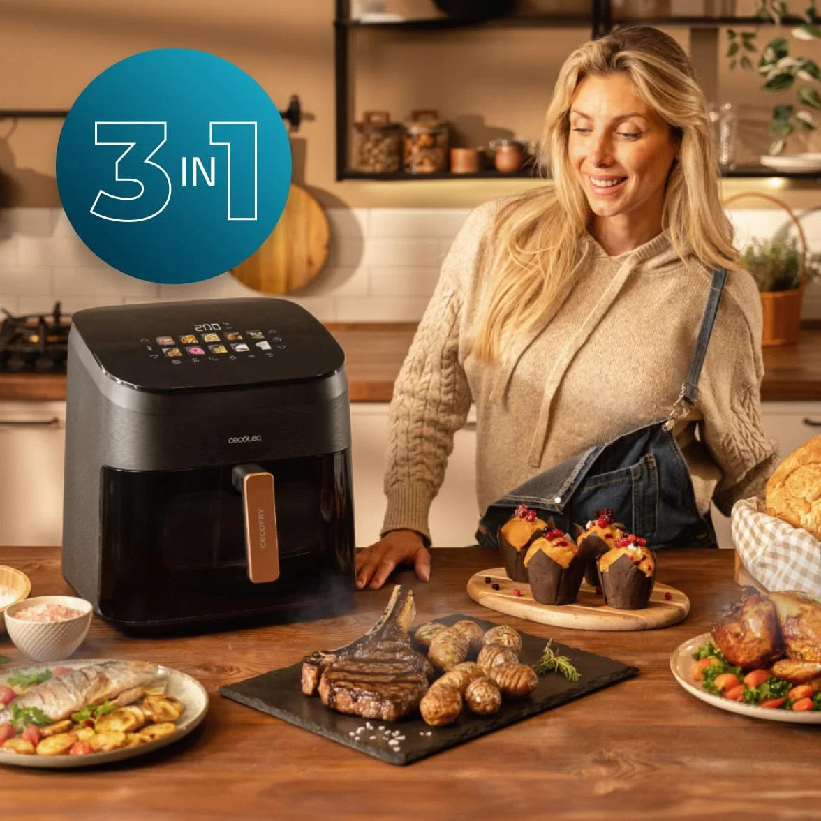 Cecotec Bezolejowa frytkownica powietrzna 6,5 l grill grill podwójna rezystancja zintegrowany Air Fryer Cecofry&Grill Smokin' 6500. 2200W, regulacja temperatury 40-200°C, 10 menu