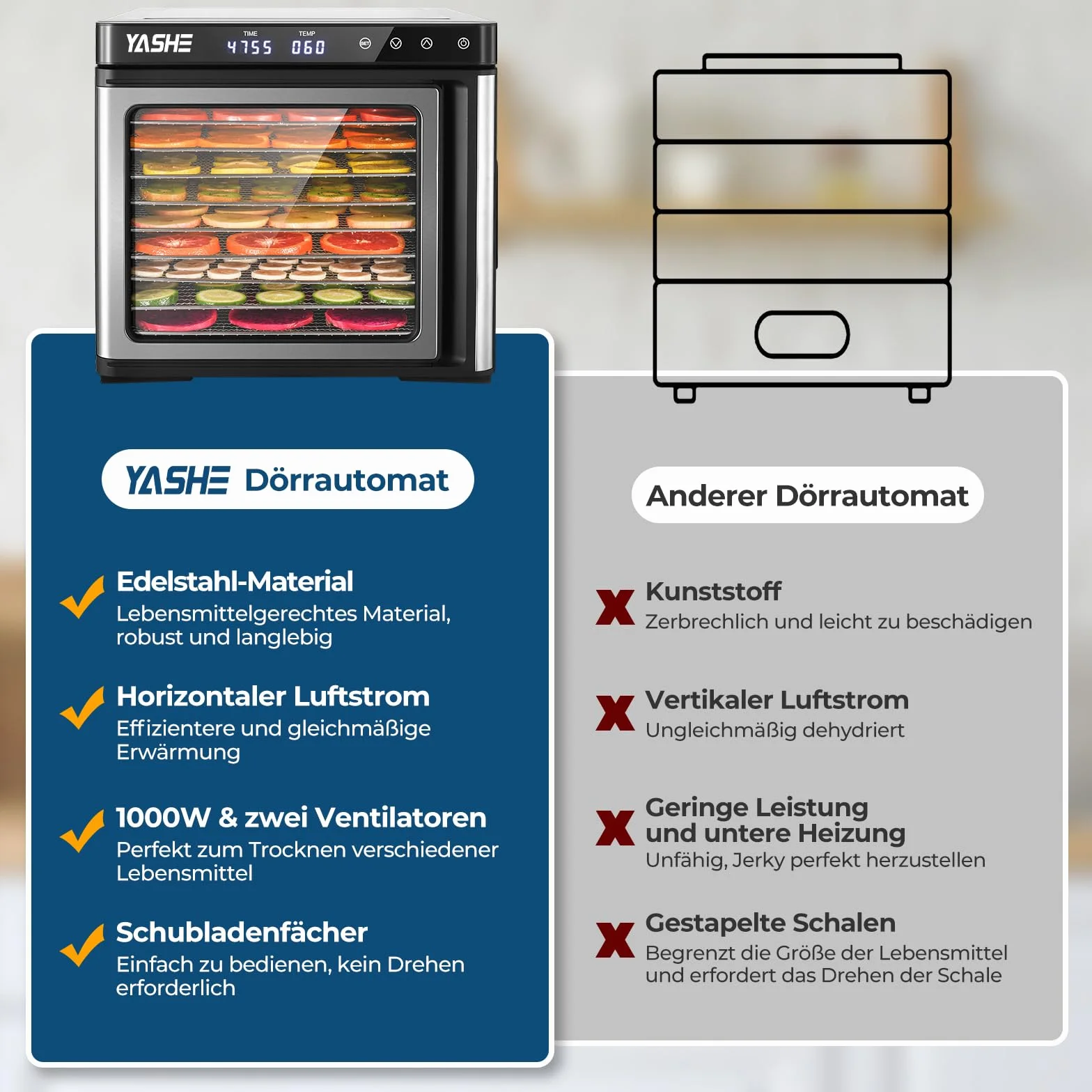 Suszarka ze stali nierdzewnej, 1000 W, urządzenie do suszenia owoców i warzyw z wyświetlaczem LED, precyzyjna regulacja temperatury (35-75°C), 48-godzinny timer, 9 misek ze stali nierdzewnej, 2 sitka