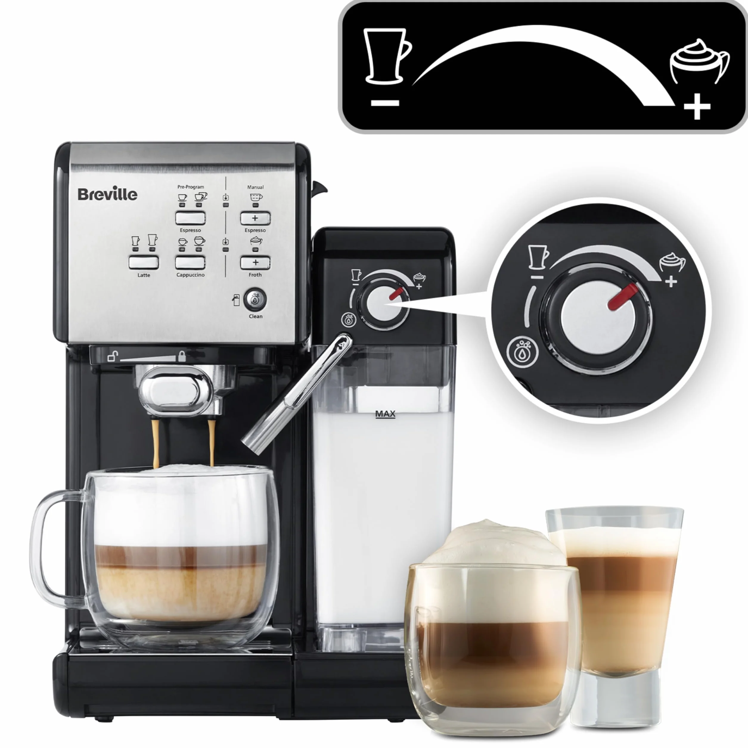 Breville Ekspres do kawy Kolbowy PrimaLatte II VCF108X, 19 Bar, Zintegrowany automatyczny spieniacz do mleka, wyjmowany pojemnik na mleko, Srebrny