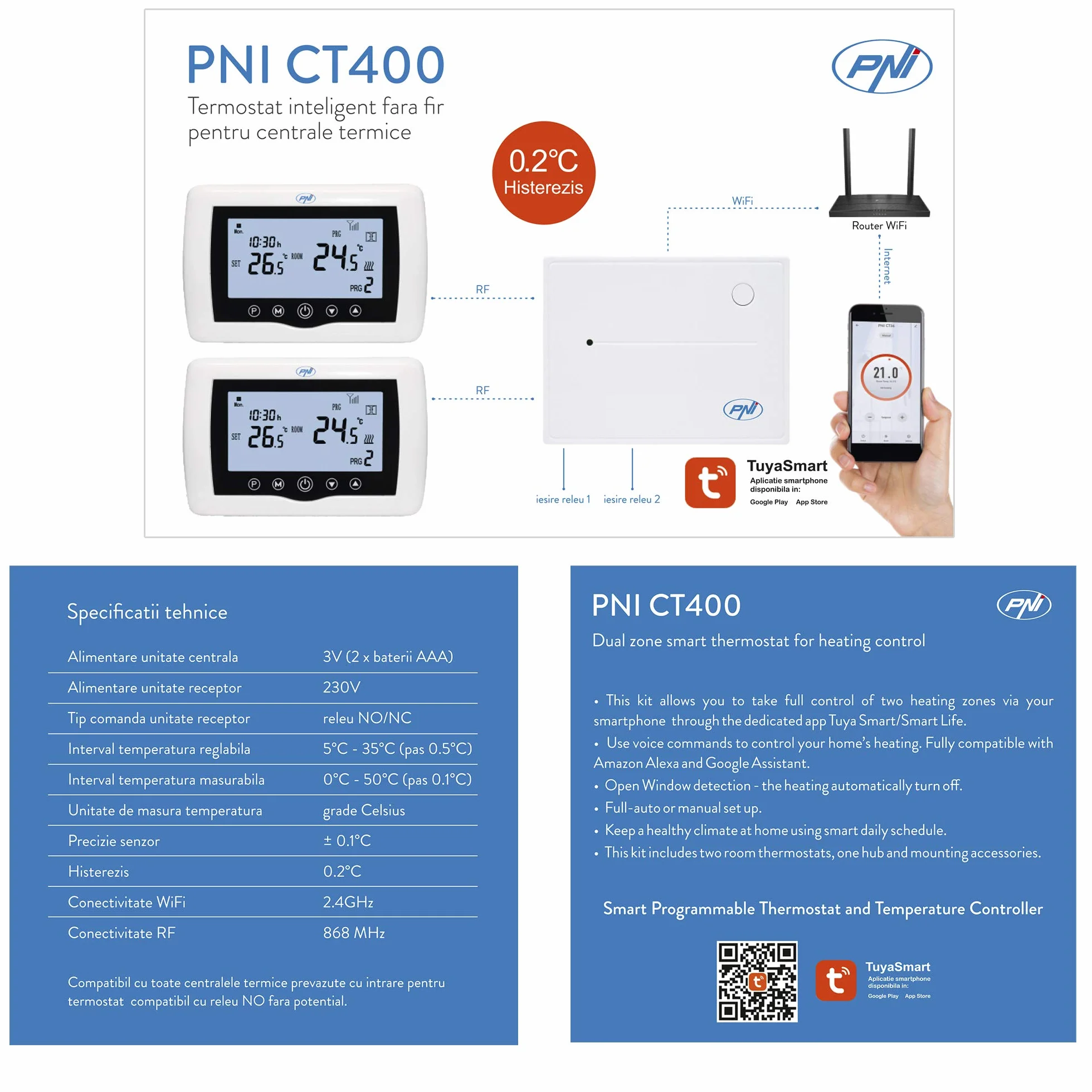 Inteligentny termostat PNI CT400 bezprzewodowy WiFi sterowanie 2-strefowe TuyaSmart histerezis 0,2°C