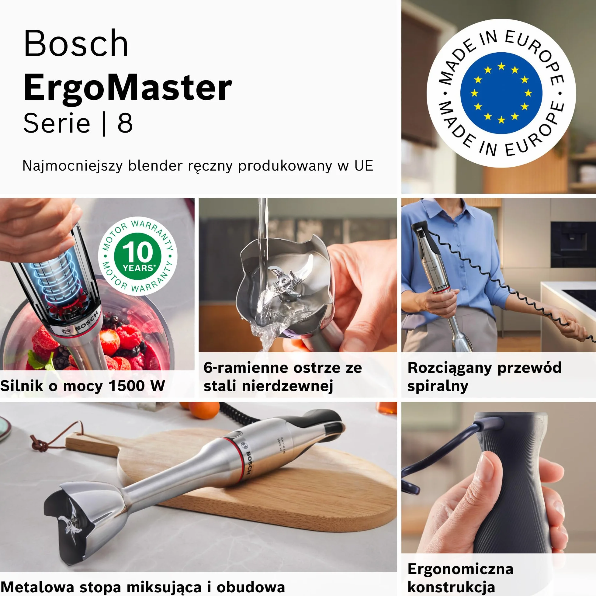 Bosch, blender ręczny, ErgoMaster Serie 8, silnik 1500 W, intuicyjna regulacja prędkości, 6-ramienne ostrze, akcesoria w zestawie, stal nierdzewna, MSM8M930