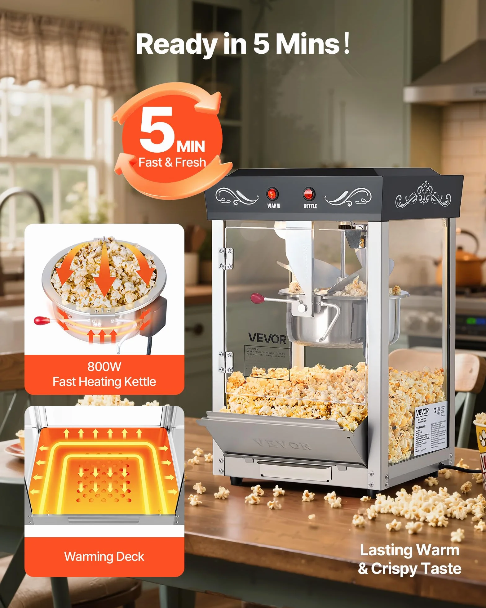VEVOR Maszyna do popcornu ze stali nierdzewnej 800 W komercyjna 48 filiżanek
