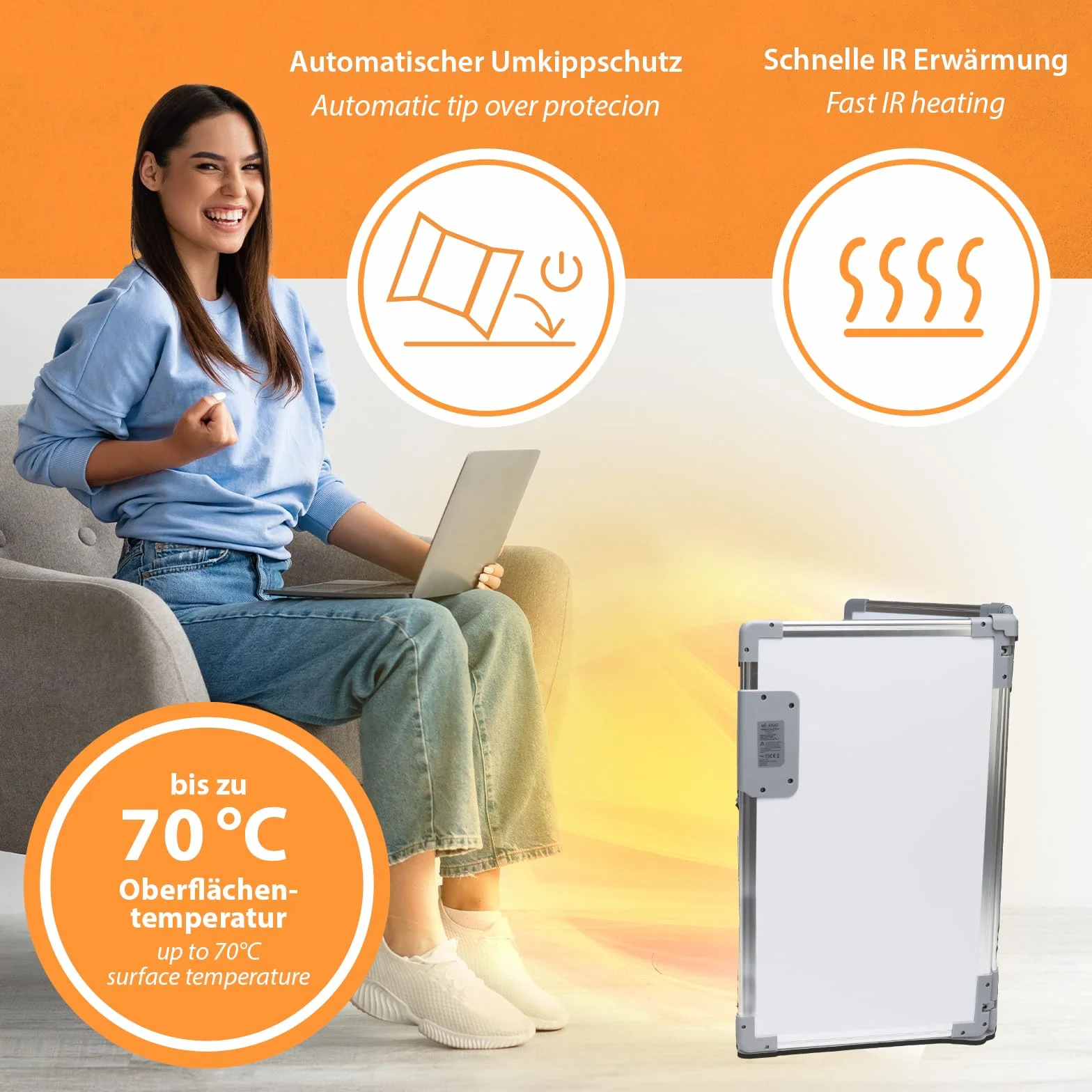 Mi-Heat Składany aluminiowy panel grzewczy, 53 x 108 cm, ogrzewanie na podczerwień 350 W do 80°C, ścianka grzewcza do biura, domu, biura, miejsca pracy, kasy, recepcji
