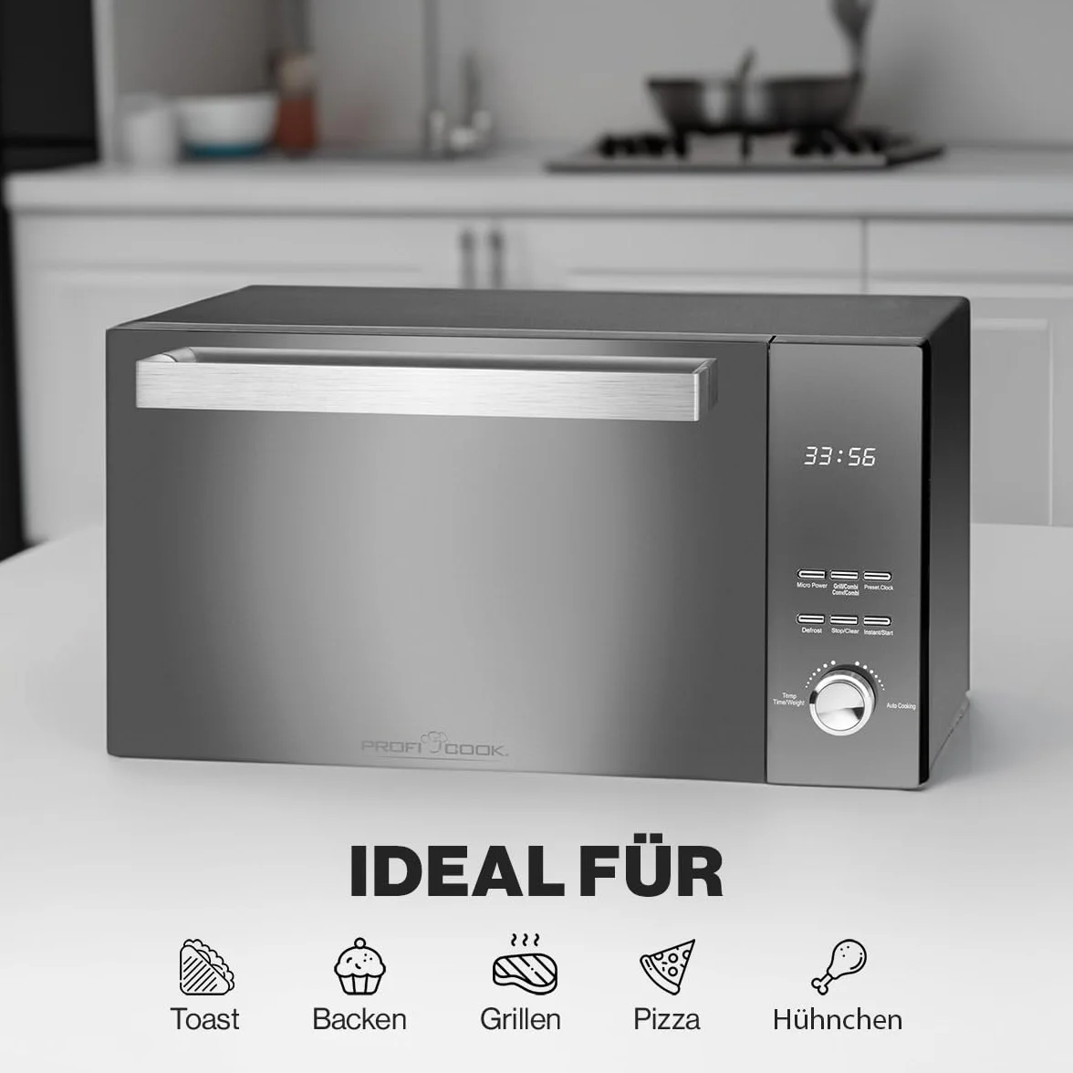 ProfiCook PC-MWG 1204 kuchenka mikrofalowa z grillem, pojemność 23 l, moc kuchenki mikrofalowej 800 W, moc grillowania 1000 W, podwójne przeszklone pionowe drzwi z wysokiej jakości uchwytem ze stali nierdzewnej, kolor czarny