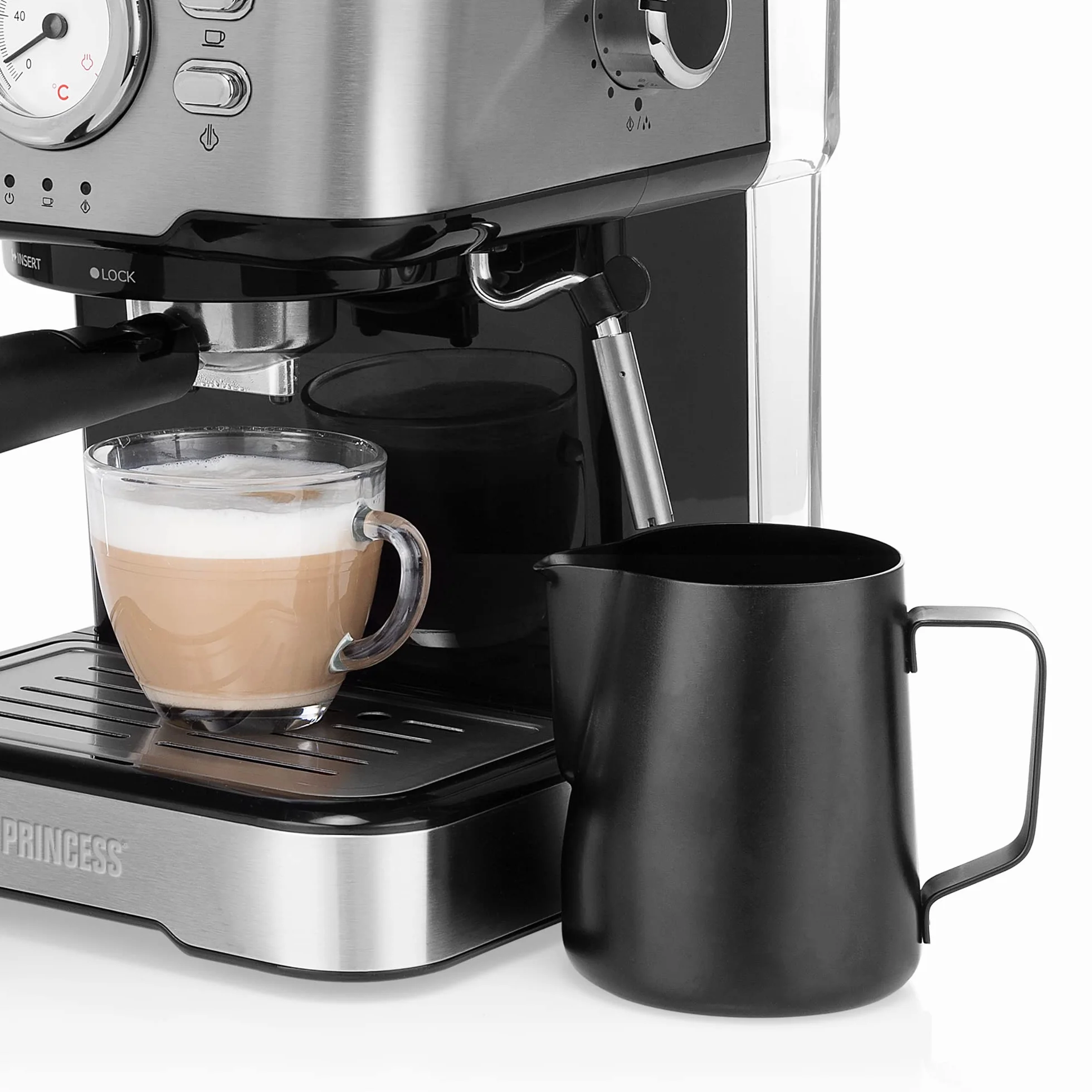 Princess 249412 ekspres do espresso i kapsułek, wykonany ze stali nierdzewnej, również w wariantach spienionego mleka, takich jak cappuccino, latte i espresso macchiato, 20 barów, srebrny