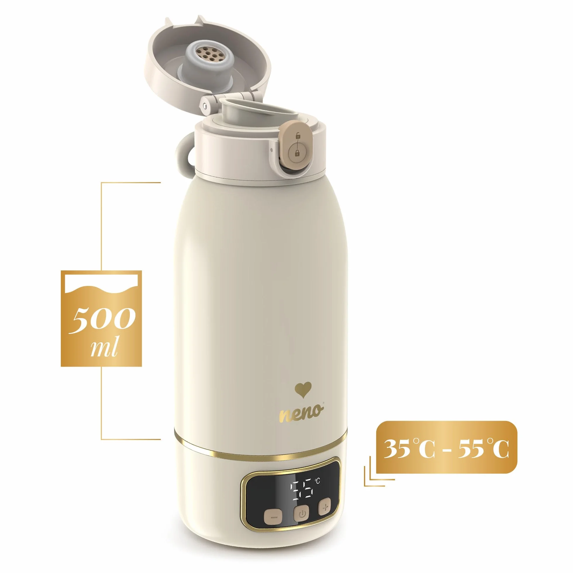 NENO Savia przenośny podgrzewacz do butelek dla niemowląt – przenośny podgrzewacz do butelek dla niemowląt – pojemność 500 ml – podgrzewanie do 55°C – szybkie nagrzewanie i długi czas pracy baterii