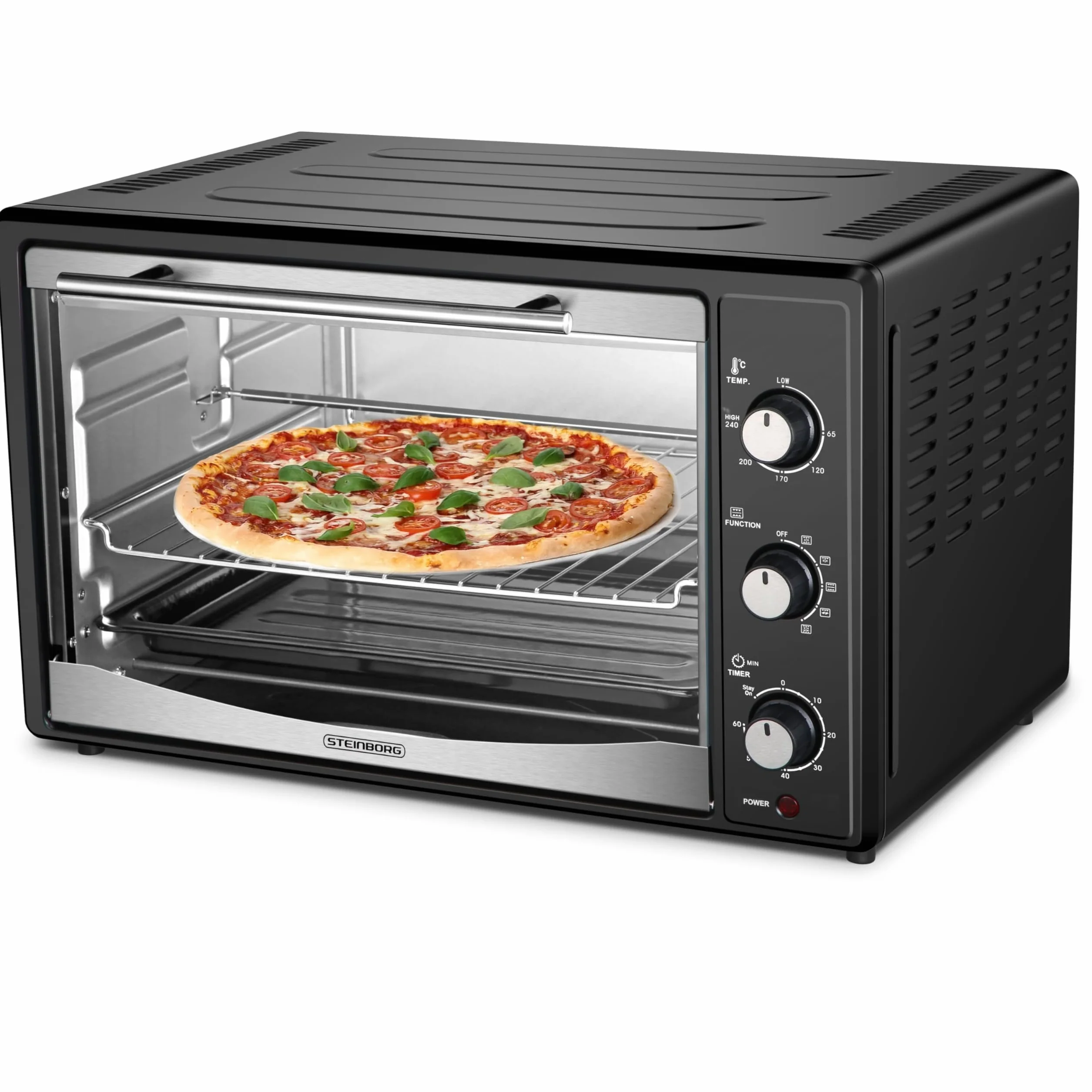 Mini piekarnik 45 litrów z termoobiegiem | elektryczny rożen obrotowy | 1800 W | piec termoobiegowy | piec do pizzy | oświetlenie wewnętrzne | w zestawie blacha do pieczenia i ruszt do grillowania |