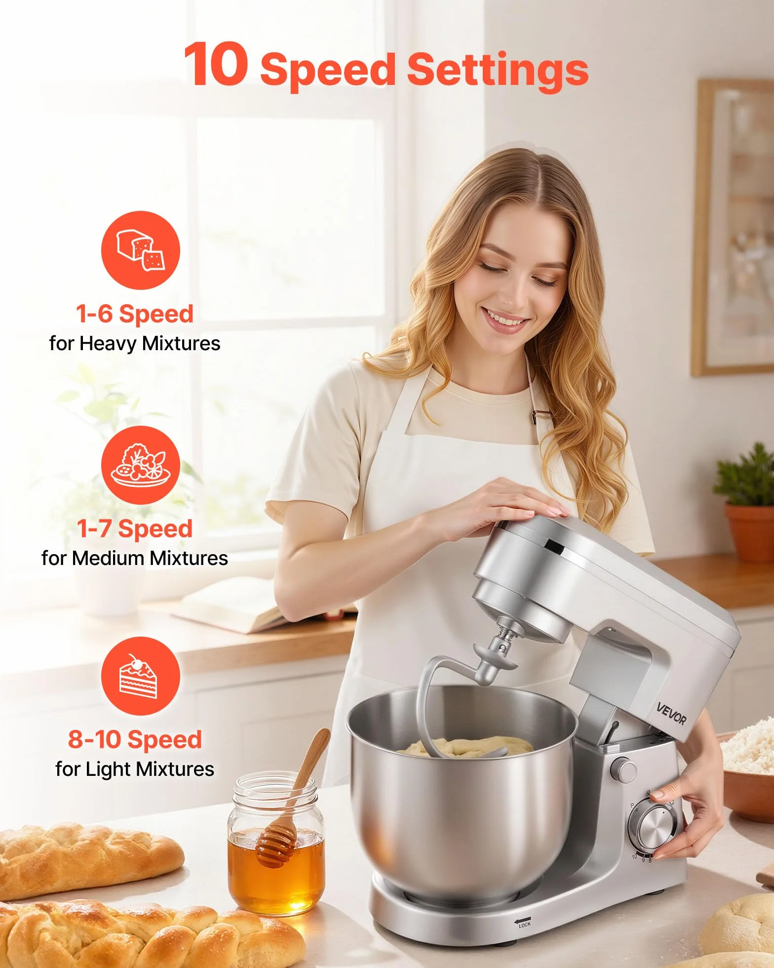 VEVOR Regulowany blender stojący robot kuchenny 1500 W 5,7 l stal nierdzewna 10 prędkości
