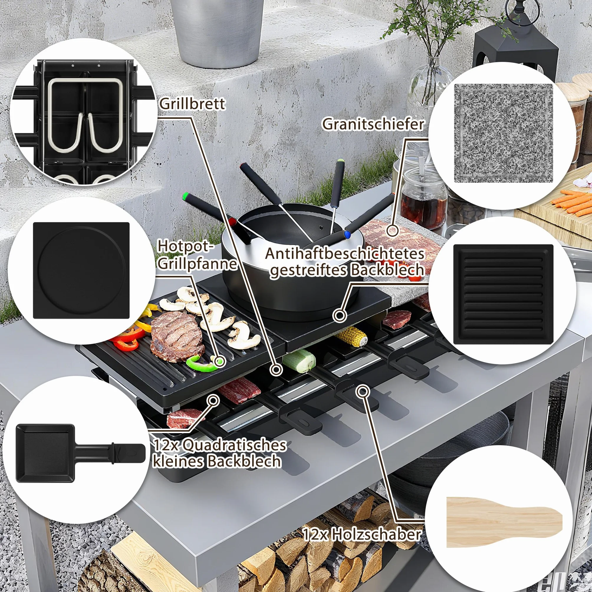 UISEBRT Grill do raclette dla 12 osób 3 w 1 z patelniami, zestawem do fondue, gorącym kamieniem, płyta grillowa z powłoką zapobiegającą