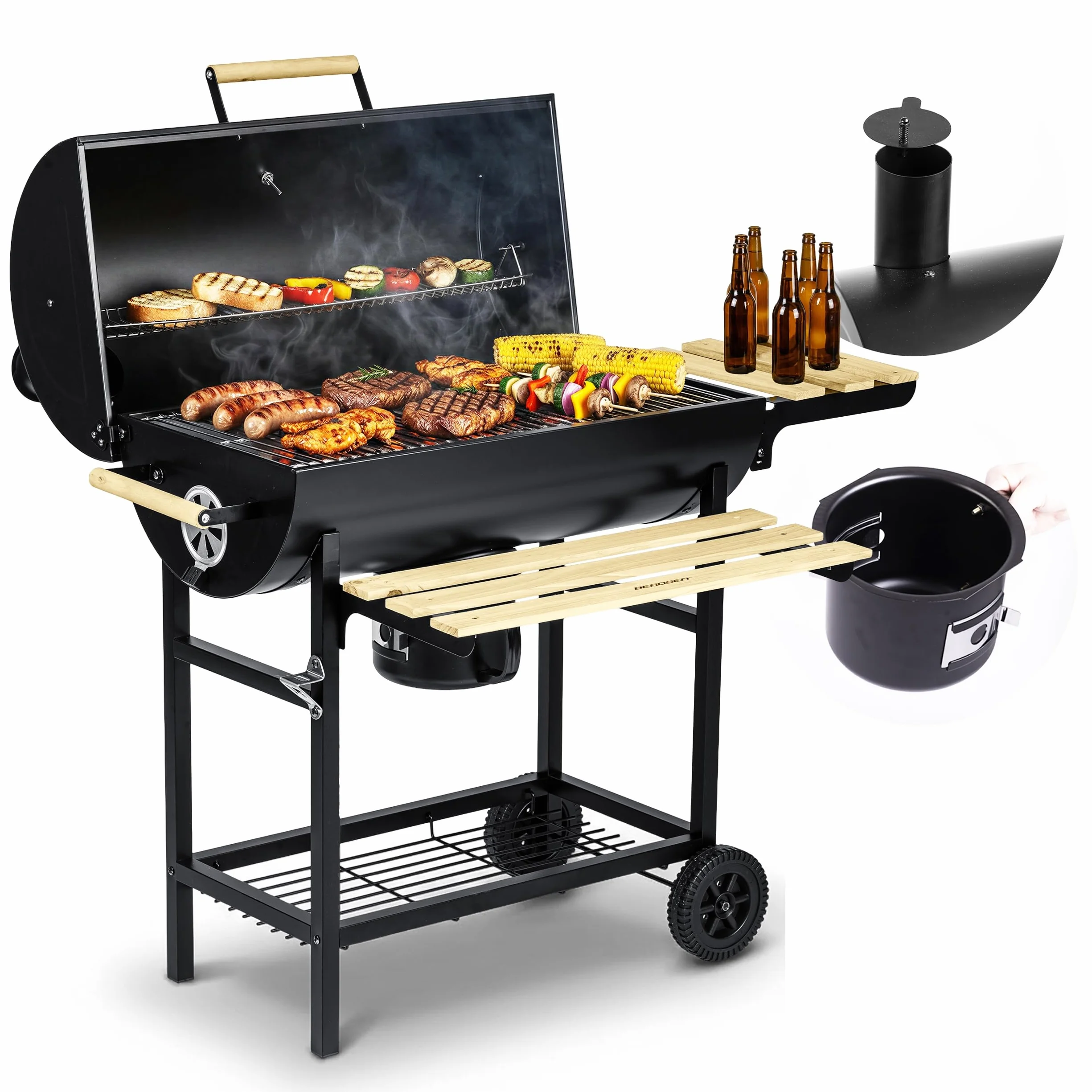 Berdsen Duży grill węglowy ogrodowy beczkowy z pokrywą i termometrem 70 x 35 cm na kołach
