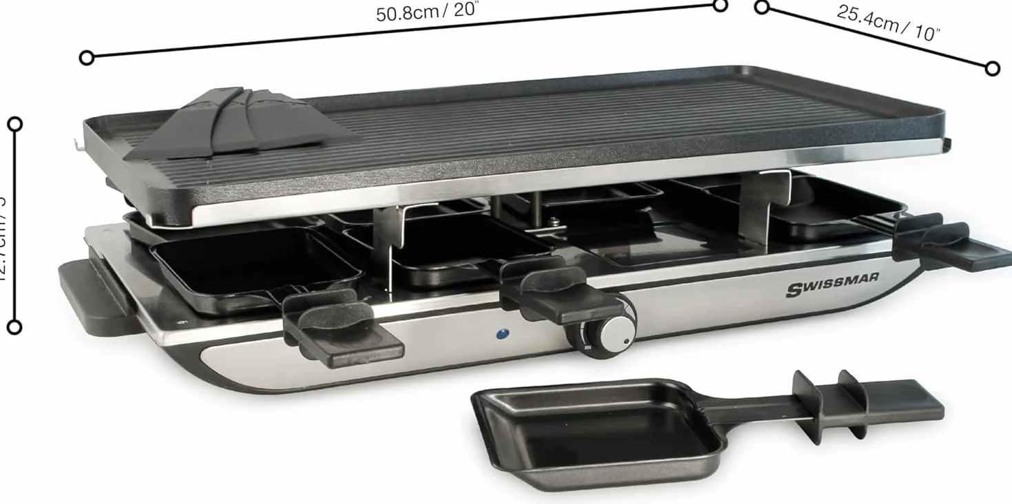 Swissmar Geneva Raclette 8-osobowy grill raclette 1400 W płyta grillowa z odlewu aluminiowego z powłoką zapobiegającą przywieraniu