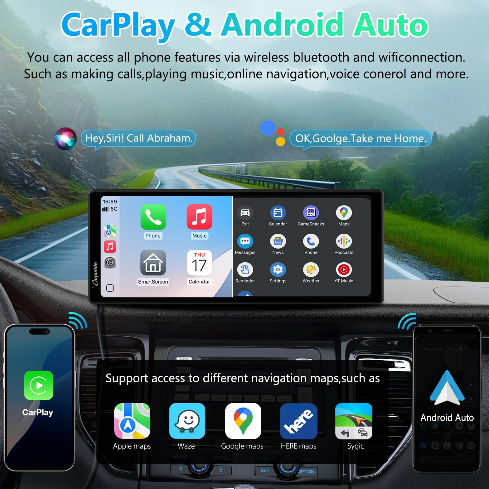 Carpuride V92 Przenośny samochodowy stereo, Bezprzewodowy Carplay i Android Auto, 10,26-calowe radio z ekranem dotykowym 1080P HD z BT 5.0, uchwyt na deskę rozdzielczą do samochodów ciężarowych