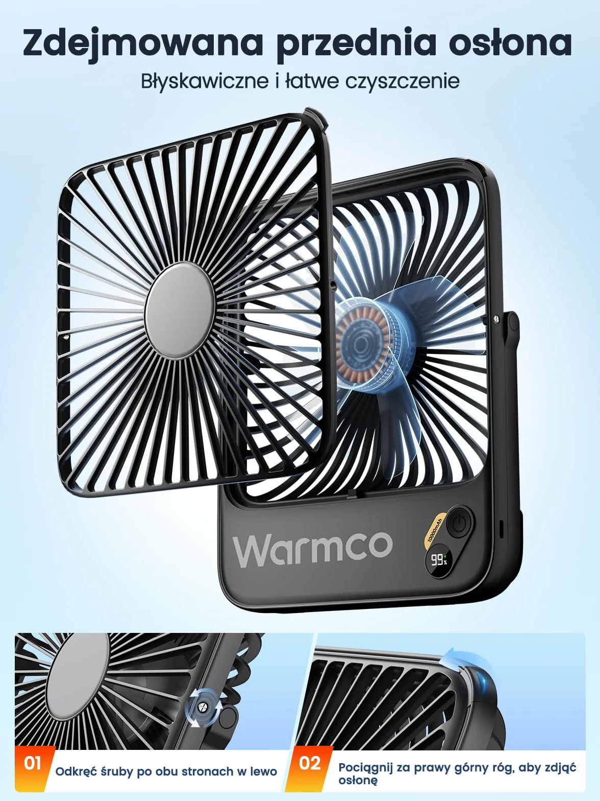 Warmco Wentylator Przenośny 10000mAh Wysokość 21 cm, Max 24h Pracy, Cichy Akumulatorowy Wiatrak Biurkowy z Wyświetlaczem Cyfrowym do Kempingu, Biura, Sypialni