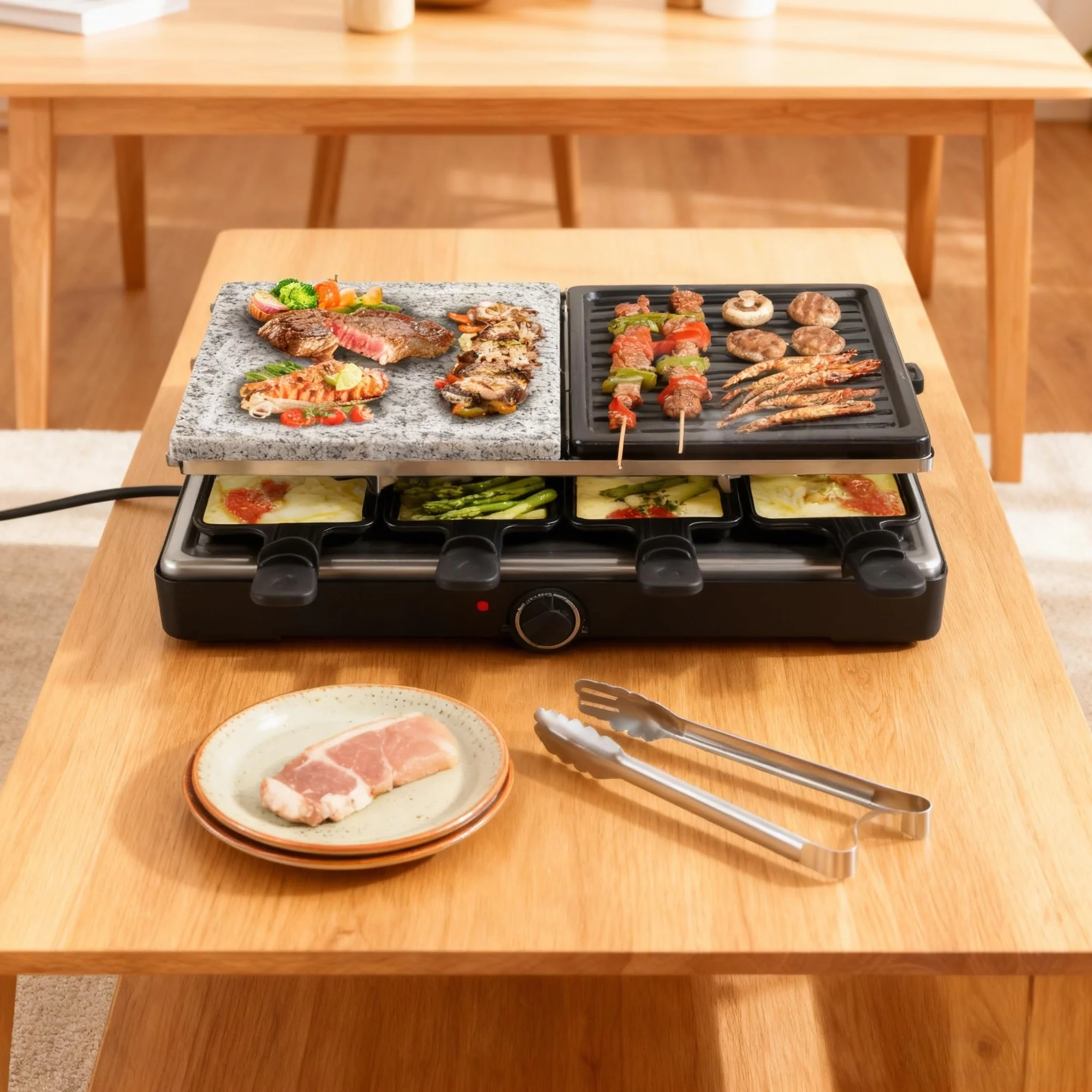 YRHome Grill Raclette 1500 W dla 8 Osób z Płytą Kamienną i Grillową, 8 Patelni, Bezstopniowa Regulacja Temperatury