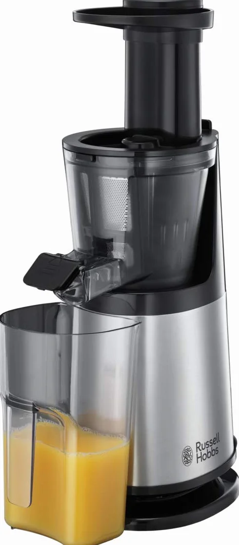 Russell Hobbs sokowirówka, wolnoobrotowa, 1 poziom prędkości, funkcja cofania, cicha, łatwe czyszczenie, blokada bezpieczeństwa, moc 150W, srebrna, czarna, Slow Juicer 25170-56