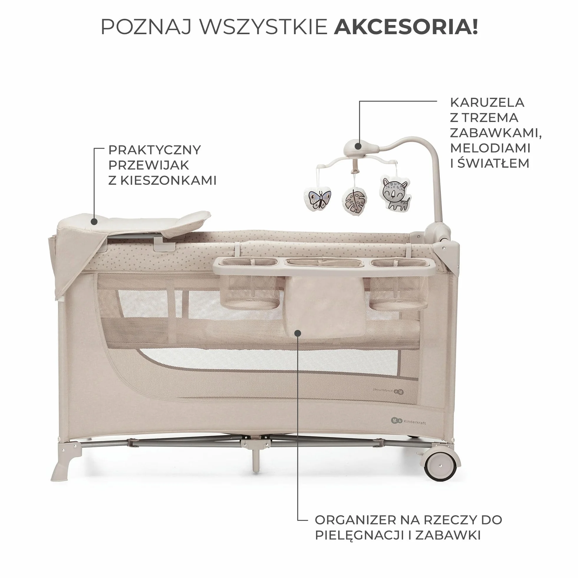 Kinderkraft JOY ACC 2 Łóżeczko turystyczne 3 w 1, Boczne wejście, Beżowy
