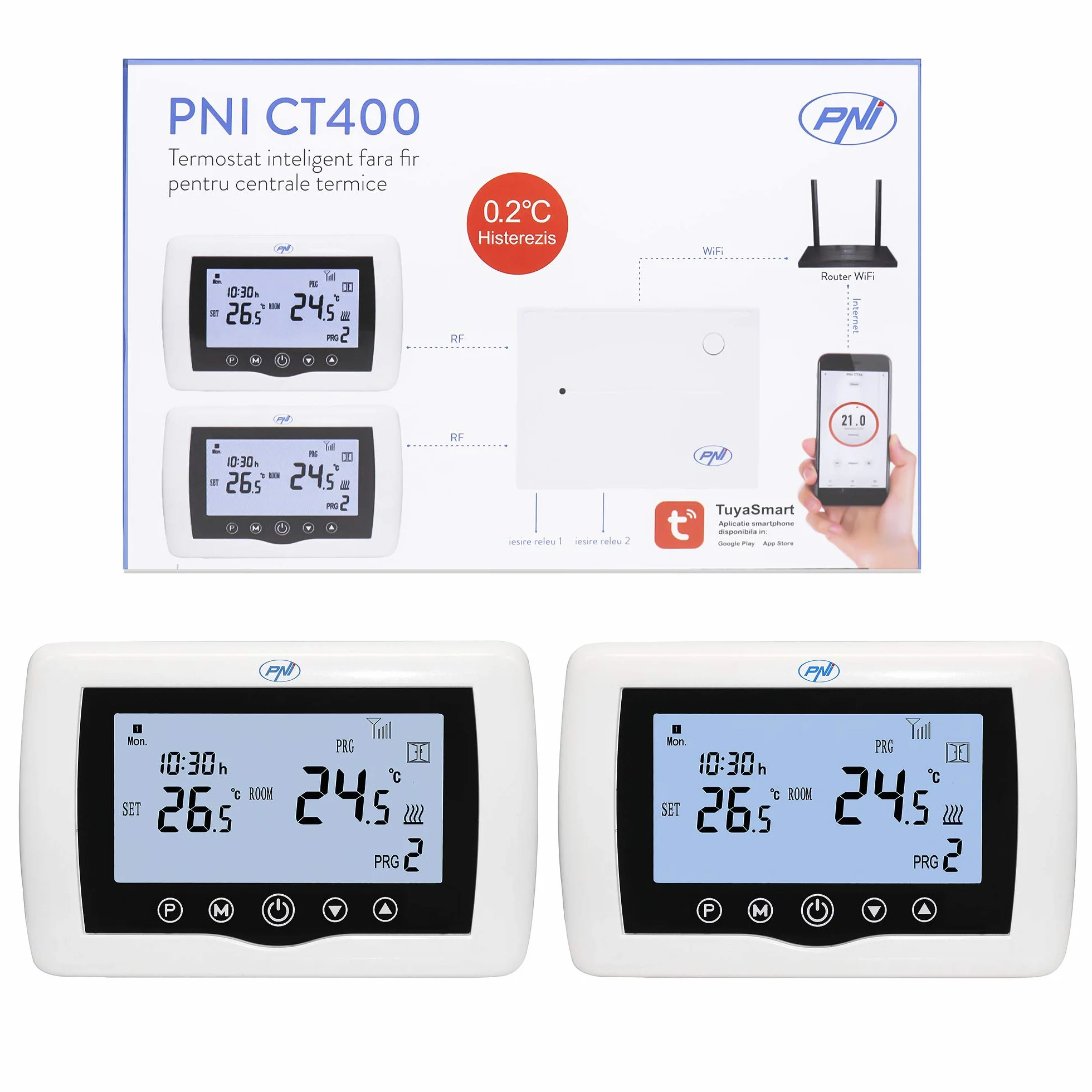 Inteligentny termostat PNI CT400 bezprzewodowy WiFi sterowanie 2-strefowe TuyaSmart histerezis 0,2°C