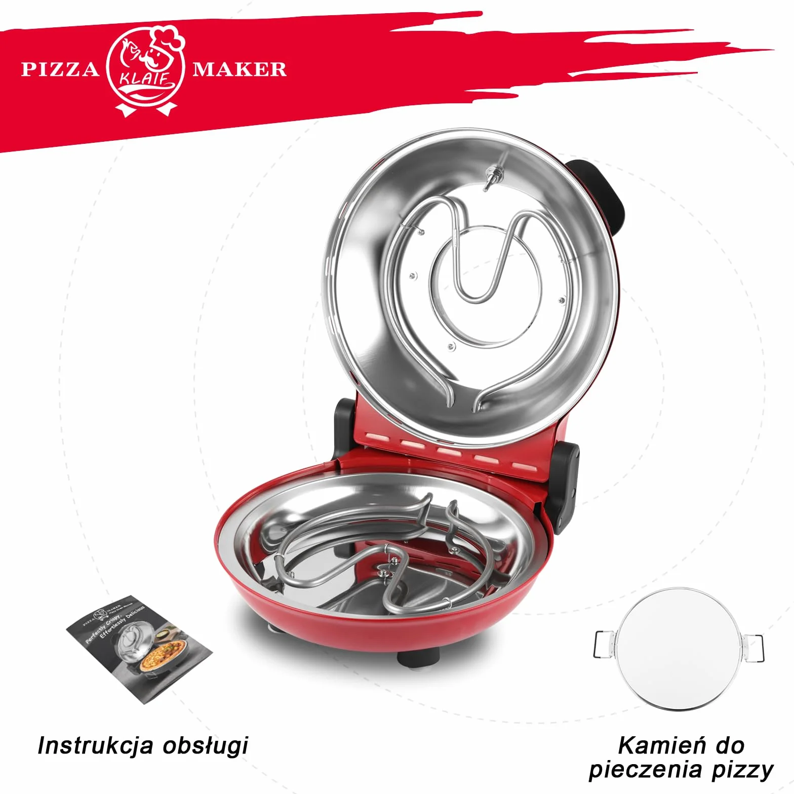 Klaif Elektryczny Piec do Pizzy, Termometr Widoczny & Szklane Okno, Ekspresowa 4-minutowa Piec do Pizzy z Kamieniem Ceramicznym 31cm, 5 Ustawień Temperatury (max 420°C), 1200W, LM-Czerwony