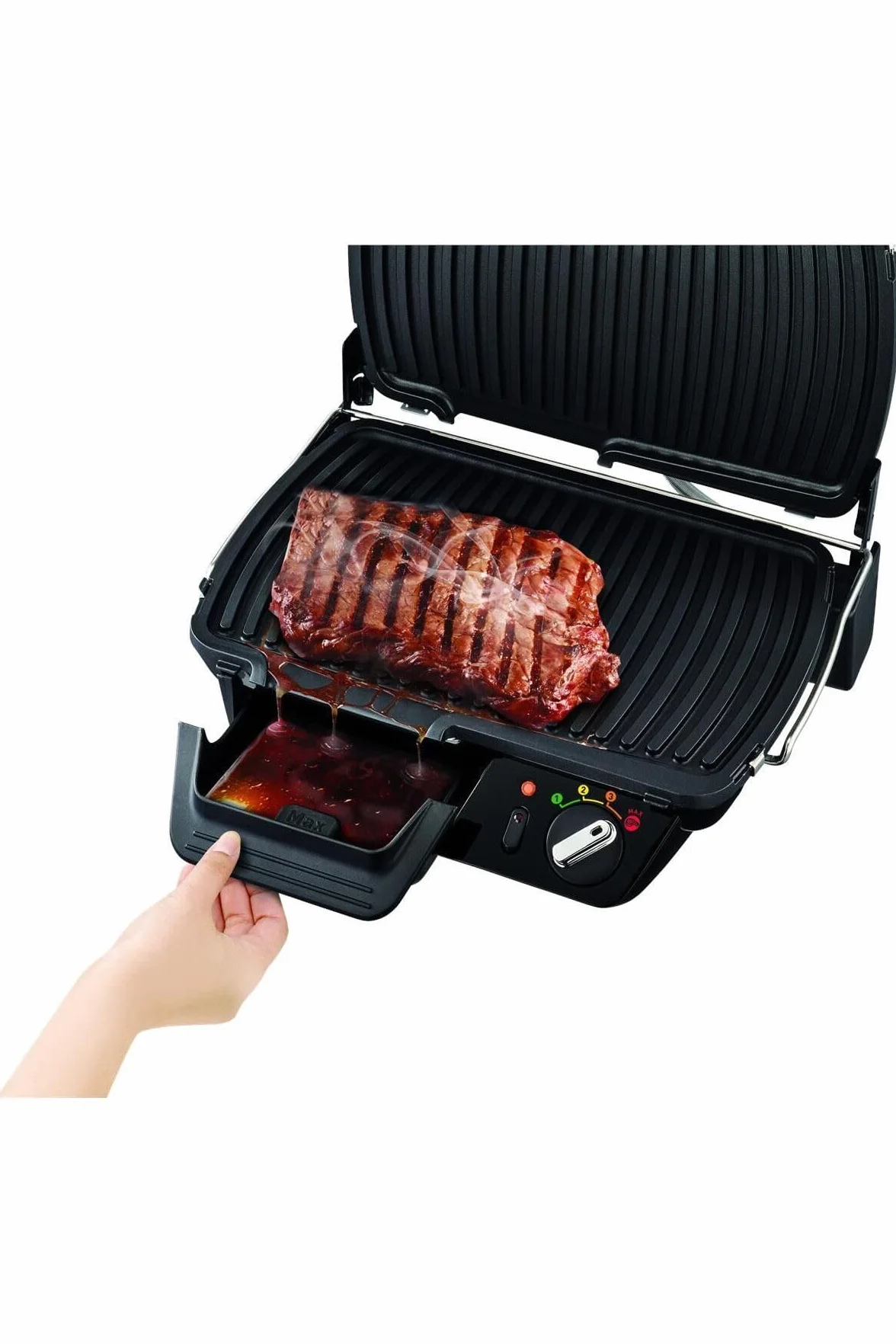 TEFAL GC461B SUPERGRILL XL grill elektryczny z timerem, 4-pozycyjny termostat, Cyfrowy timer, tryb MAX do mocnego obsmażania, moc 2400 W, powierzchnia grillowania XXL, duża tacka ociekowa, srebrny