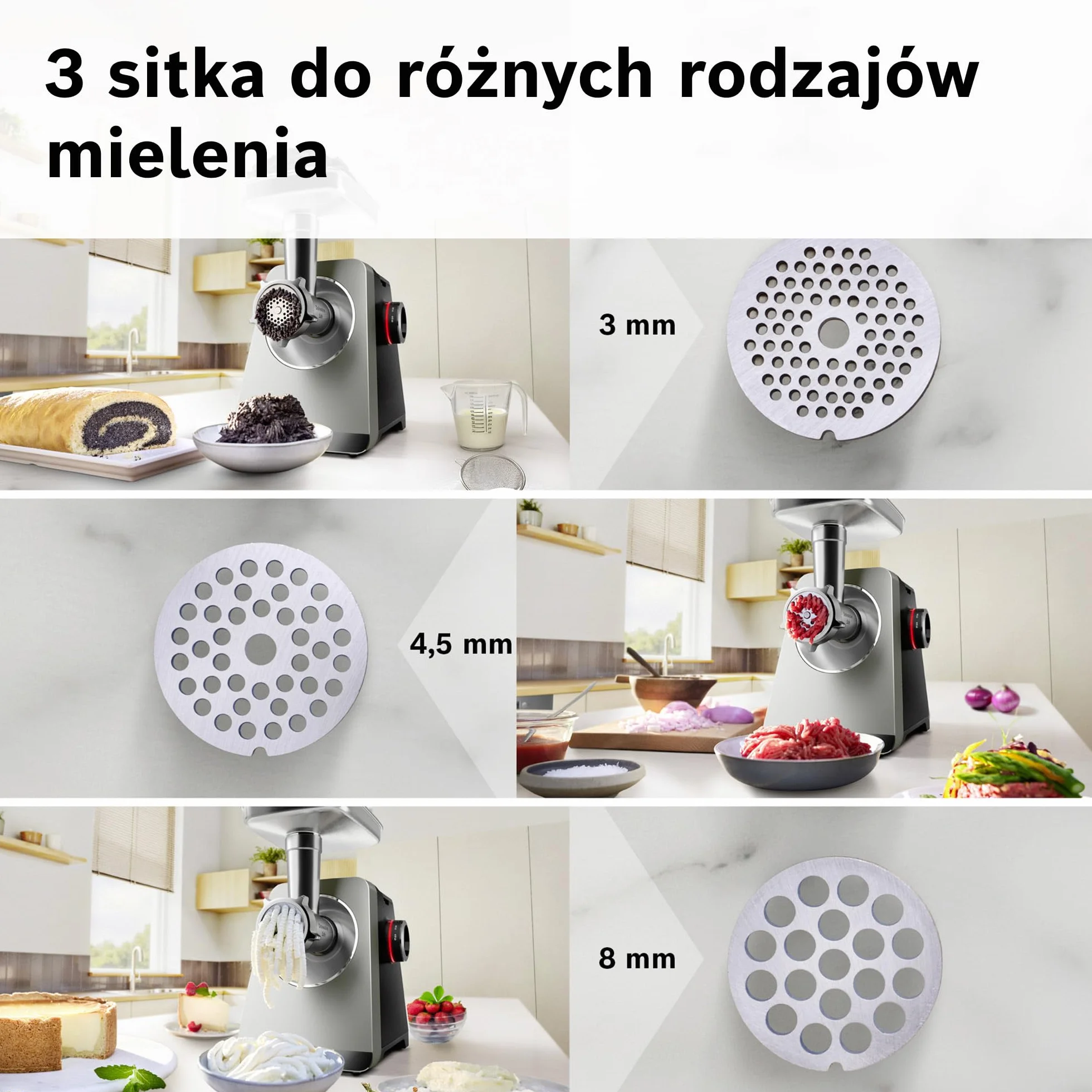 Bosch MultiPower Serie 8, maszynka do mielenia mięsa, moc blokowania silnika do 2500 W, młynek do mięsa, szatkownica, nasadka do kiełbas i kebbe, czarna, MFWS840M