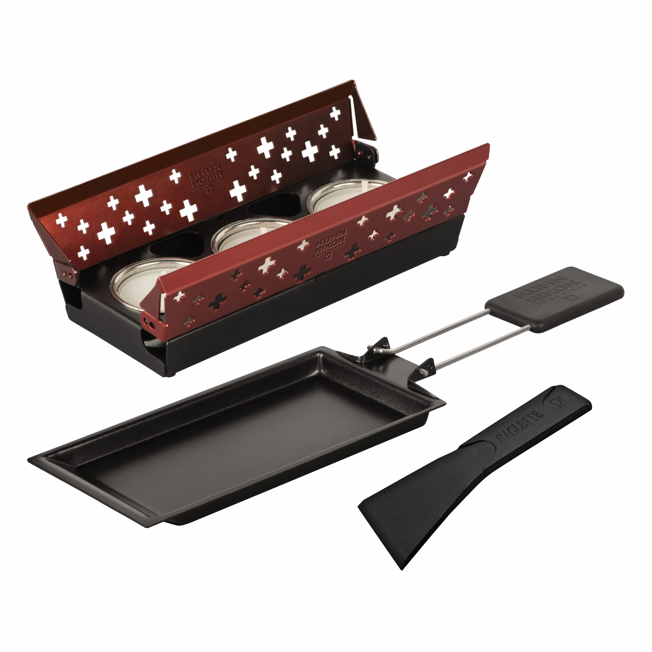 KUHN RIKON Candle Light Mini zestaw do raclette krzyż, czerwony, nieprzywierające patelnie do grilla