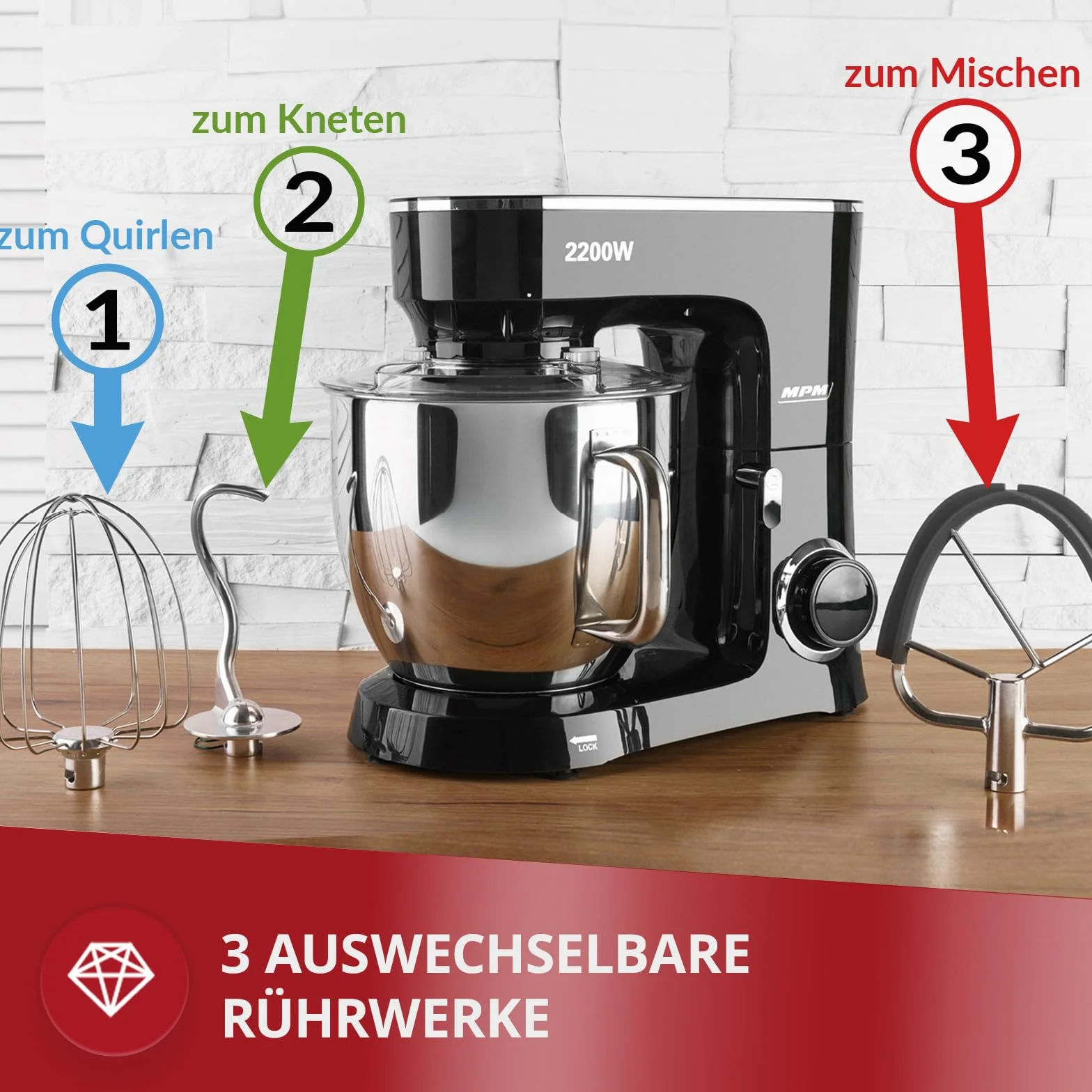 MPM MRK-19 Mikser Planetarny z Misą Mieszającą 6,5 l - Urządzenie Kuchenne do Ugniatania 2200 W - 6-stopniowa Regulacja Prędkości + Funkcja Pulse - Czarny