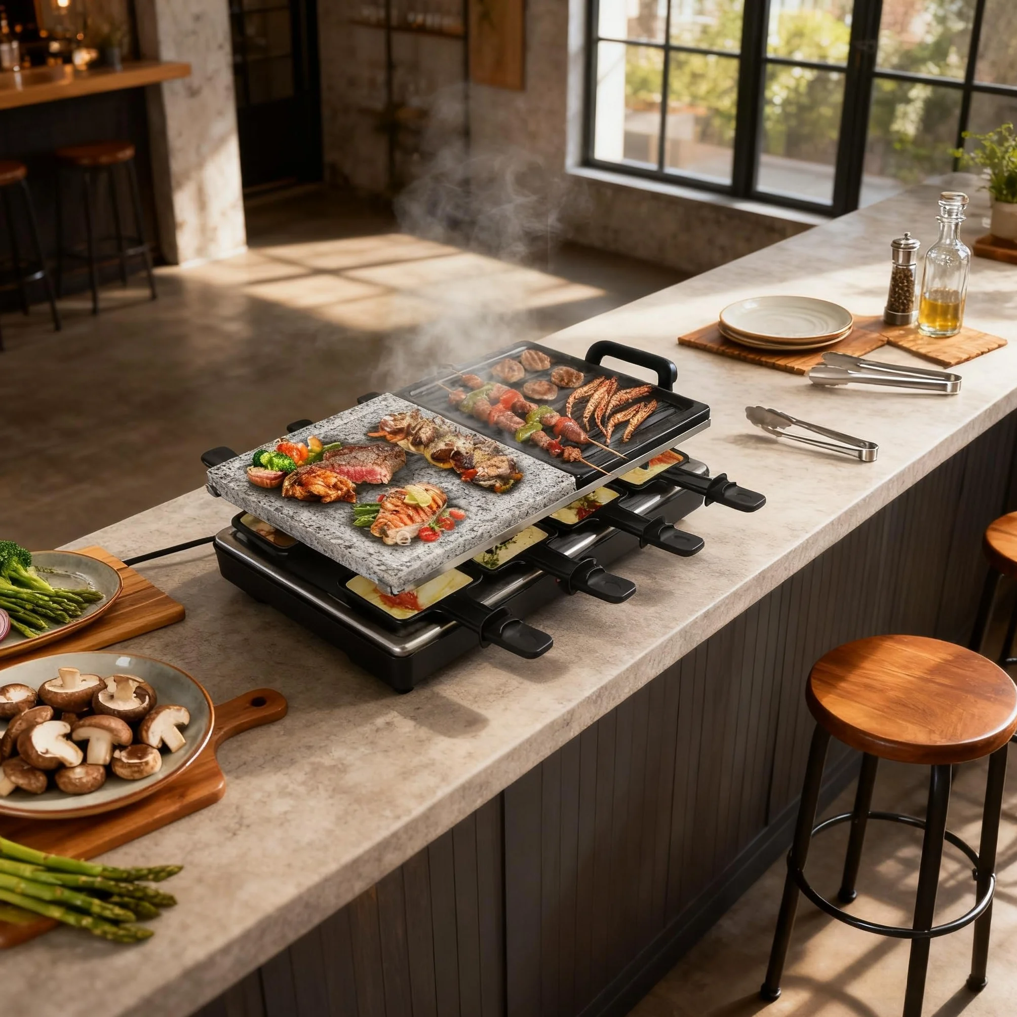YRHome Grill Raclette 1500 W dla 8 Osób z Płytą Kamienną i Grillową, 8 Patelni, Bezstopniowa Regulacja Temperatury