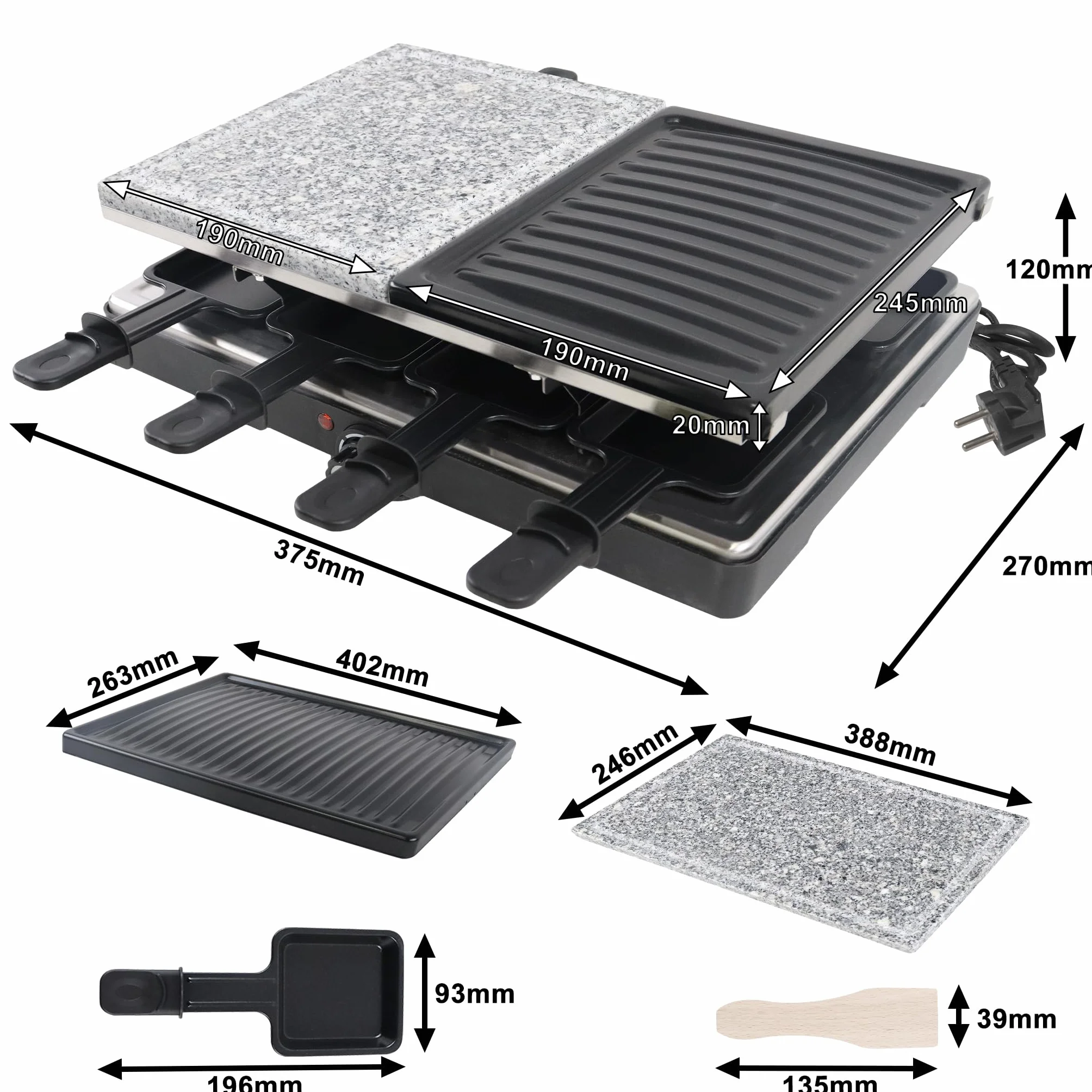 YRHome Grill Raclette 1500 W dla 8 Osób z Płytą Kamienną i Grillową, 8 Patelni, Bezstopniowa Regulacja Temperatury
