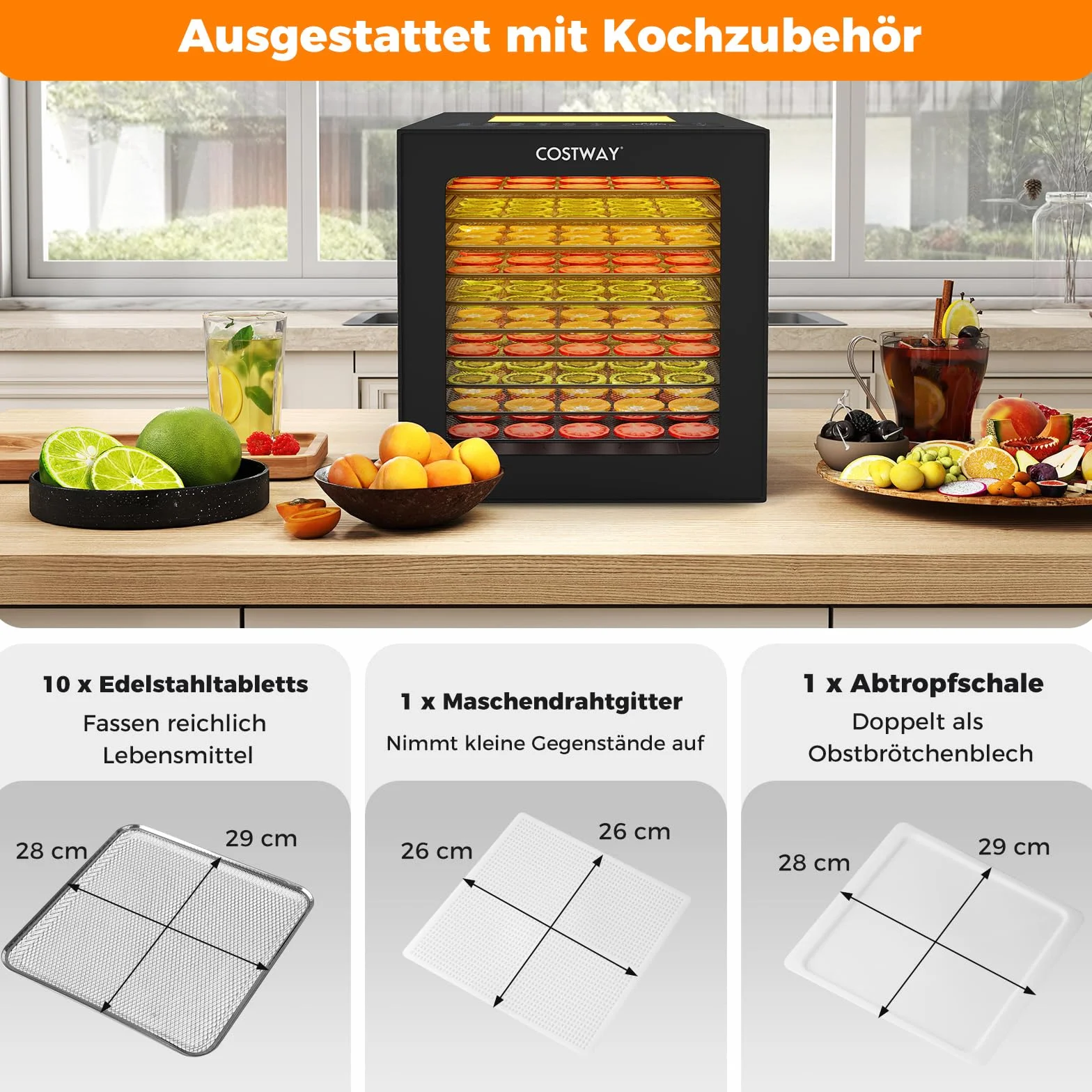 COSTWAY Suszarka 850 W, w zestawie 10 misek ze stali nierdzewnej, urządzenie do suszenia z 10 wstępnie ustawionymi programami, timer 48 h i temperatura 30-75°C, suszarka do żywności do owoców, warzyw