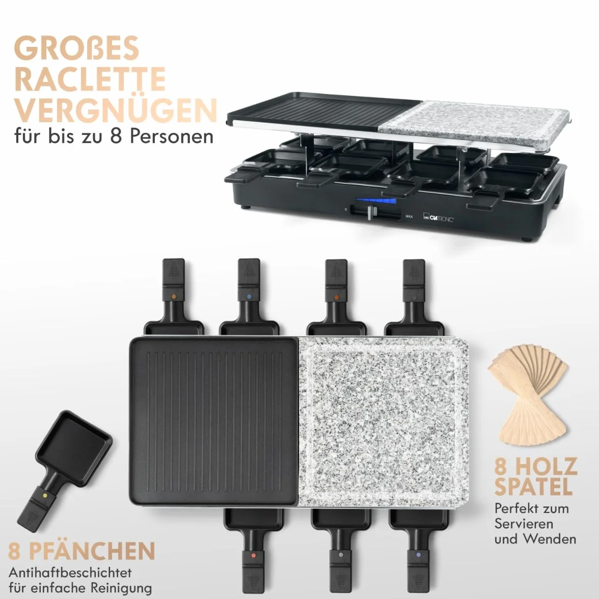 Clatronic RG 3518 Grill Raclette z Gorącym Kamieniem, Dwustronna Płyta, Czarny