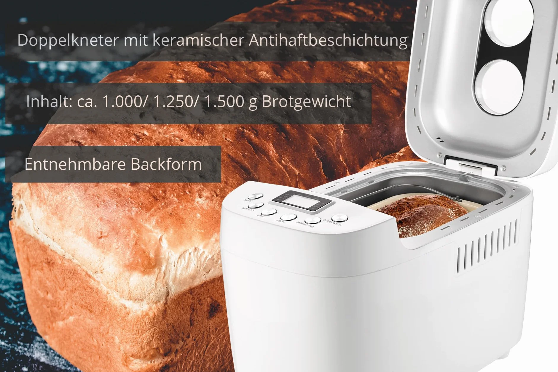 UNOLD 68520 BACKMEISTER Big White do 1500 g chleba, z 15 programami do bezglutenowego chleba, funkcja timera, funkcja utrzymania towaru, wyświetlacz LCD, biały