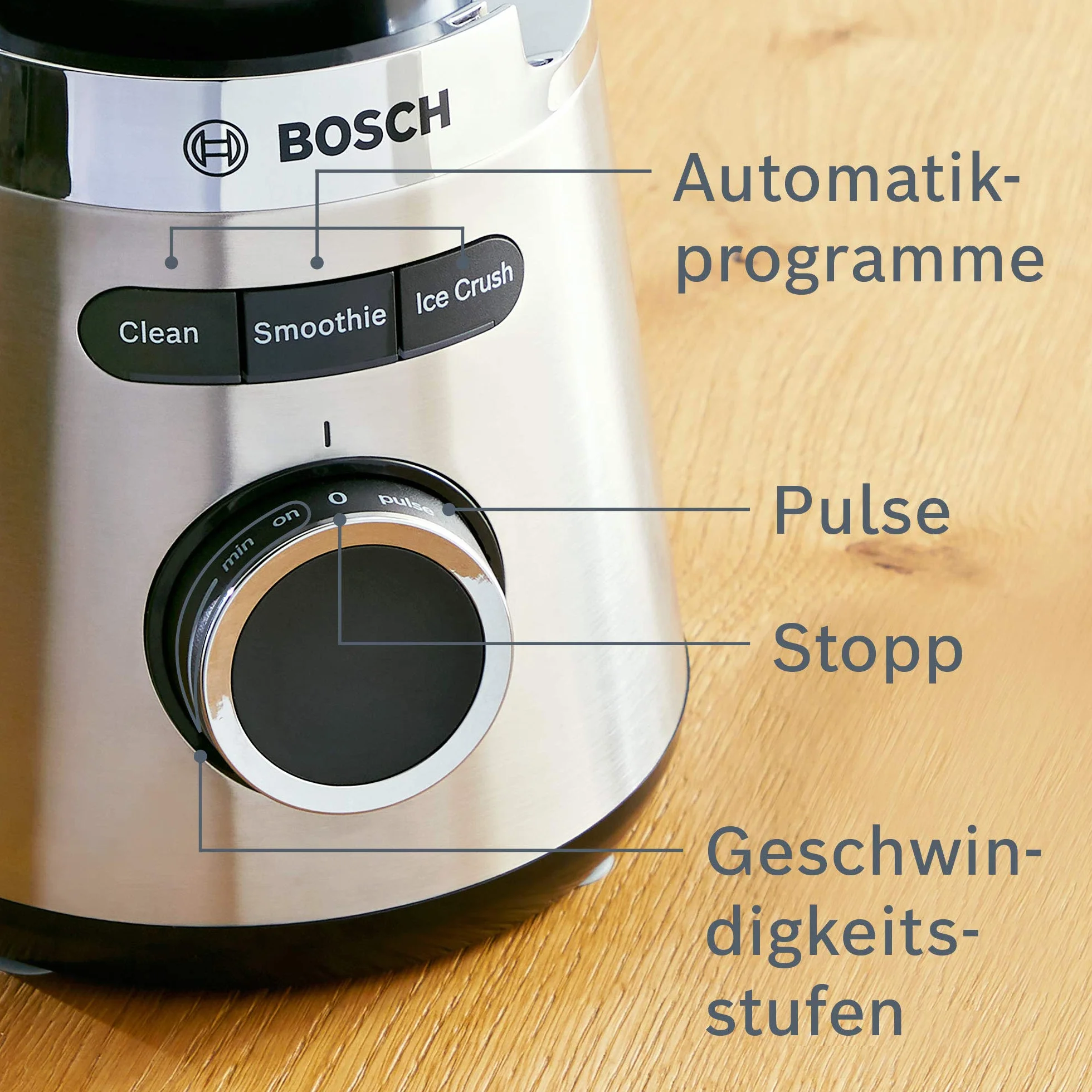 Bosch VitaPower seria 4 MMB6382M, ostrza ze stali nierdzewnej, wyprodukowano w Niemczech, szklany pojemnik ThermoSafe, popychacz, pokrywka bezpieczeństwa, części nadające się do mycia w zmywarce, 30