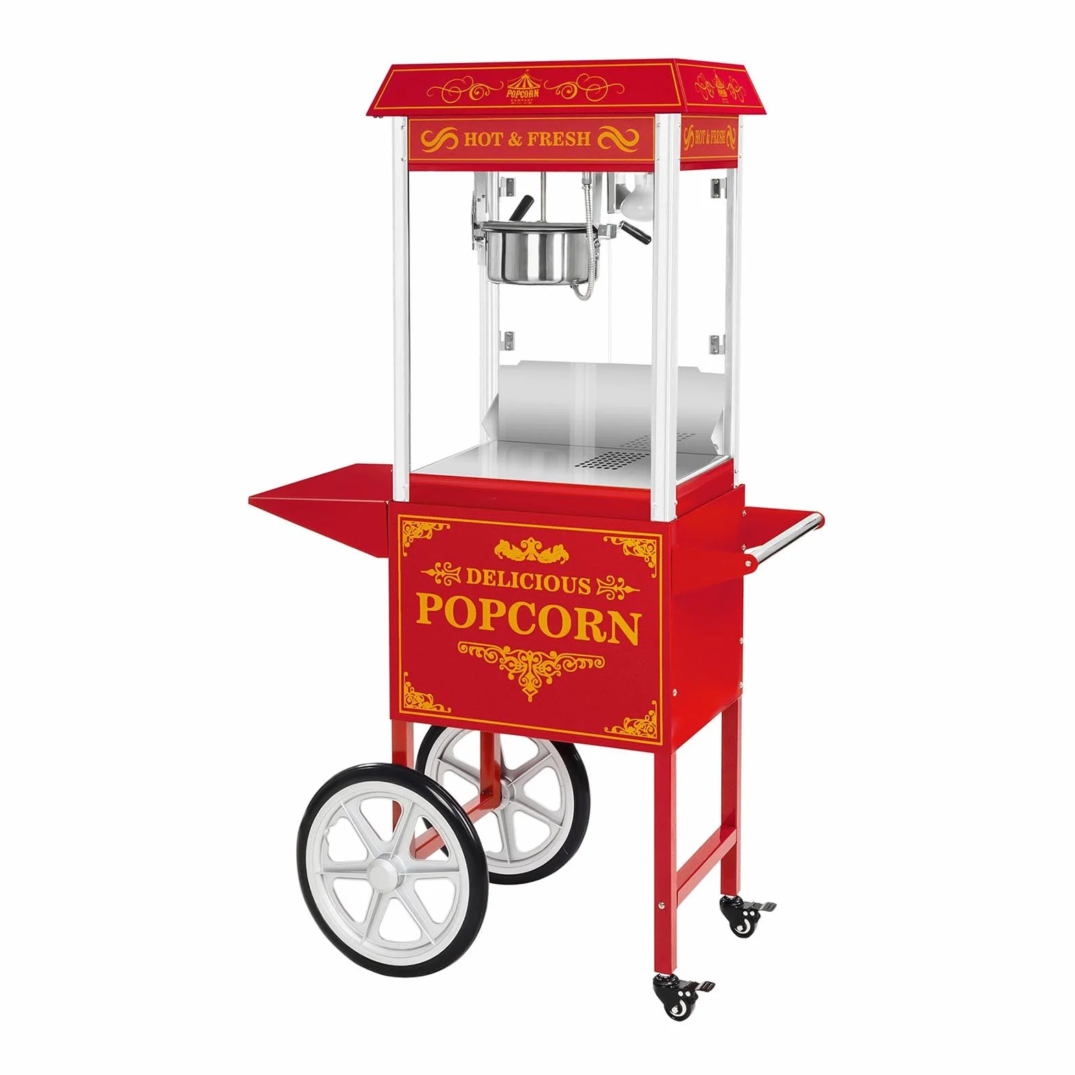 Royal Catering Profesjonalna maszyna do popcornu (1500 W, 5kg/godz./16l/h, garnek ø 18,5 cm, powłoka nieprzywierająca, mobilne) profesjonalne urządzenie popcorn z wózkiem