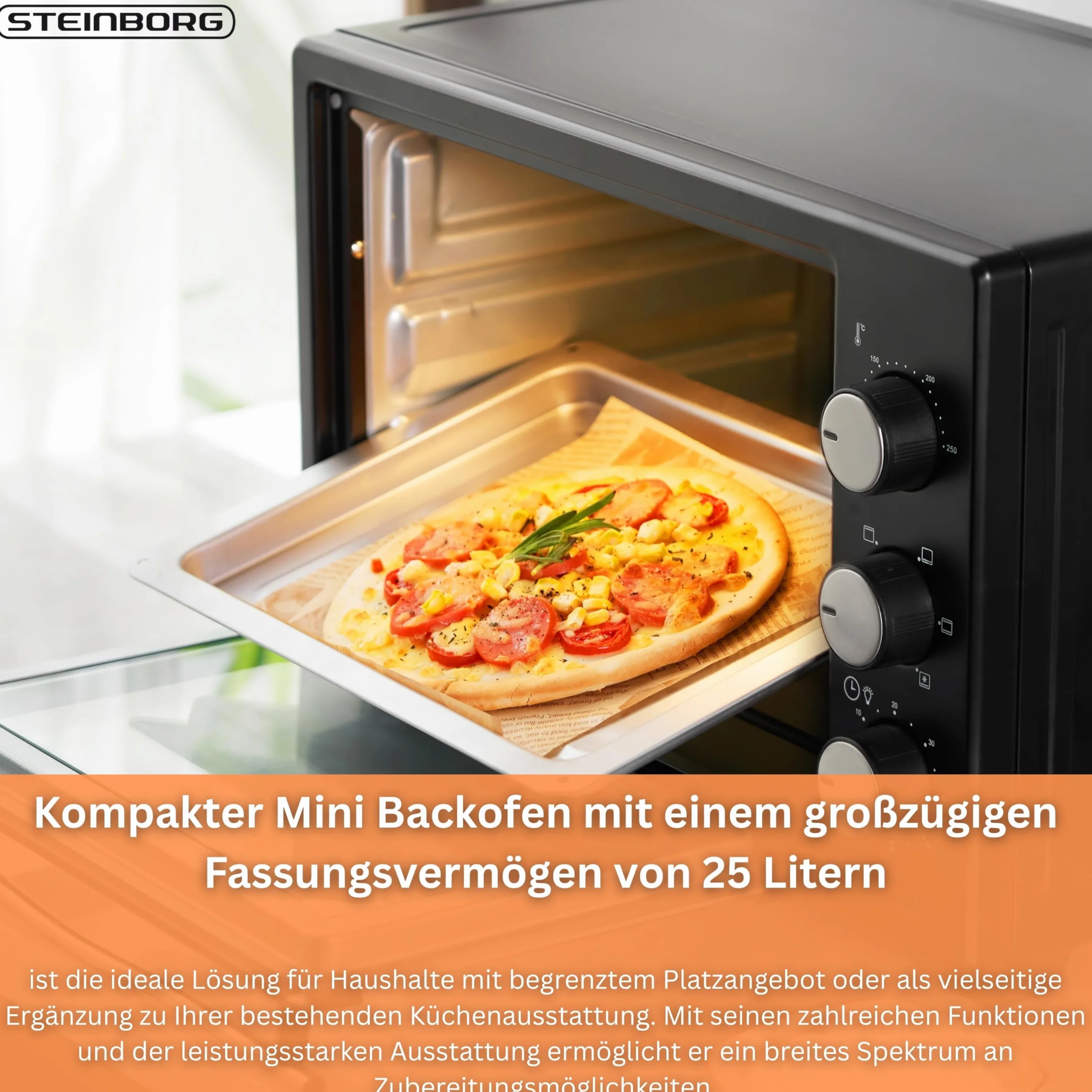 Steinborg Mini Piekarnik 25 Litrów - Piec Do Pizzy 3 w 1, Blacha Na Okruchy, Ogrzewanie Górne/Dolne, Konwekcja, Timer 60 Min, 1600 W, Czarny