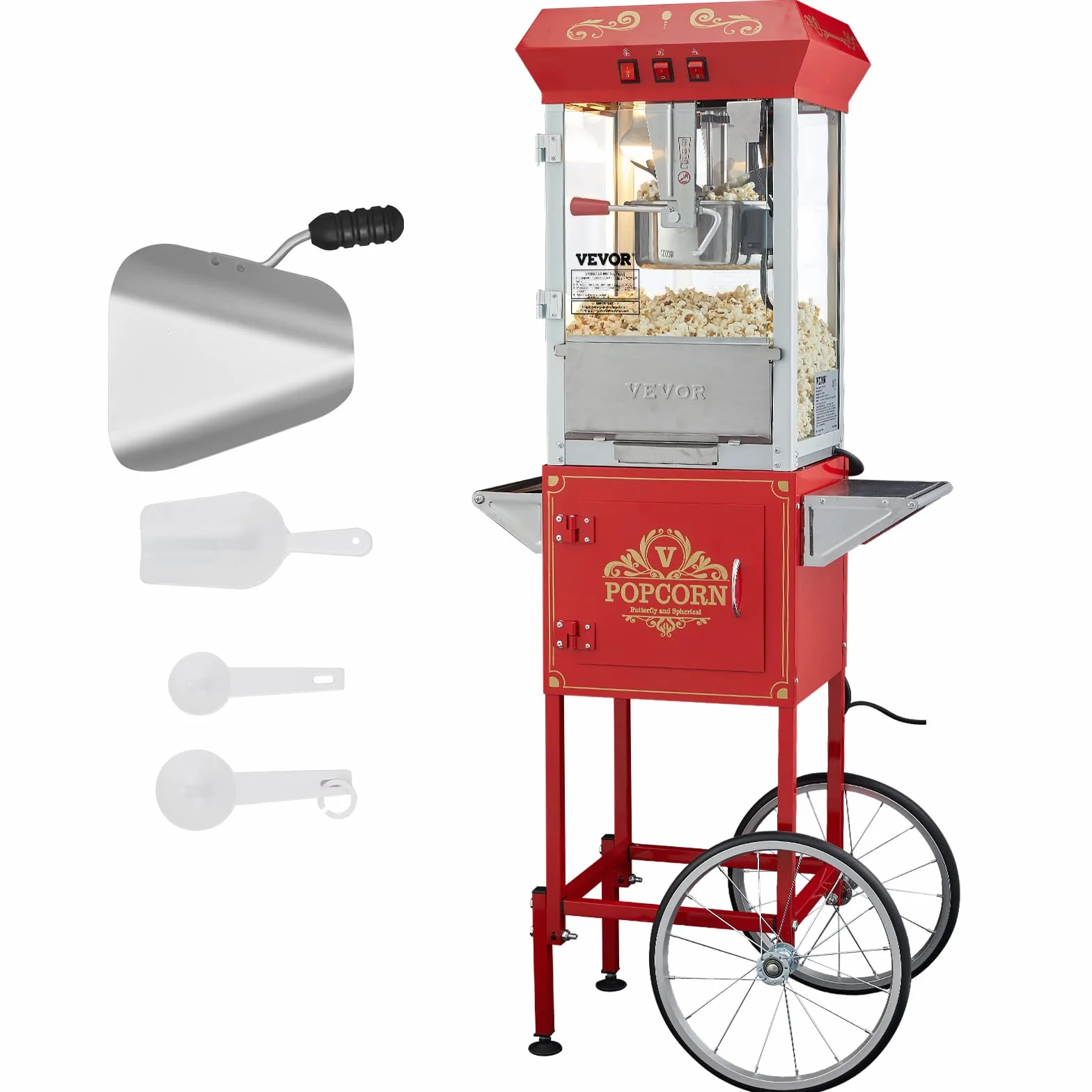 VEVOR Maszyna do popcornu z wózkiem 850 W, czajnik elektryczny 0,22 kg, 48 filiżanek, szkło hartowane