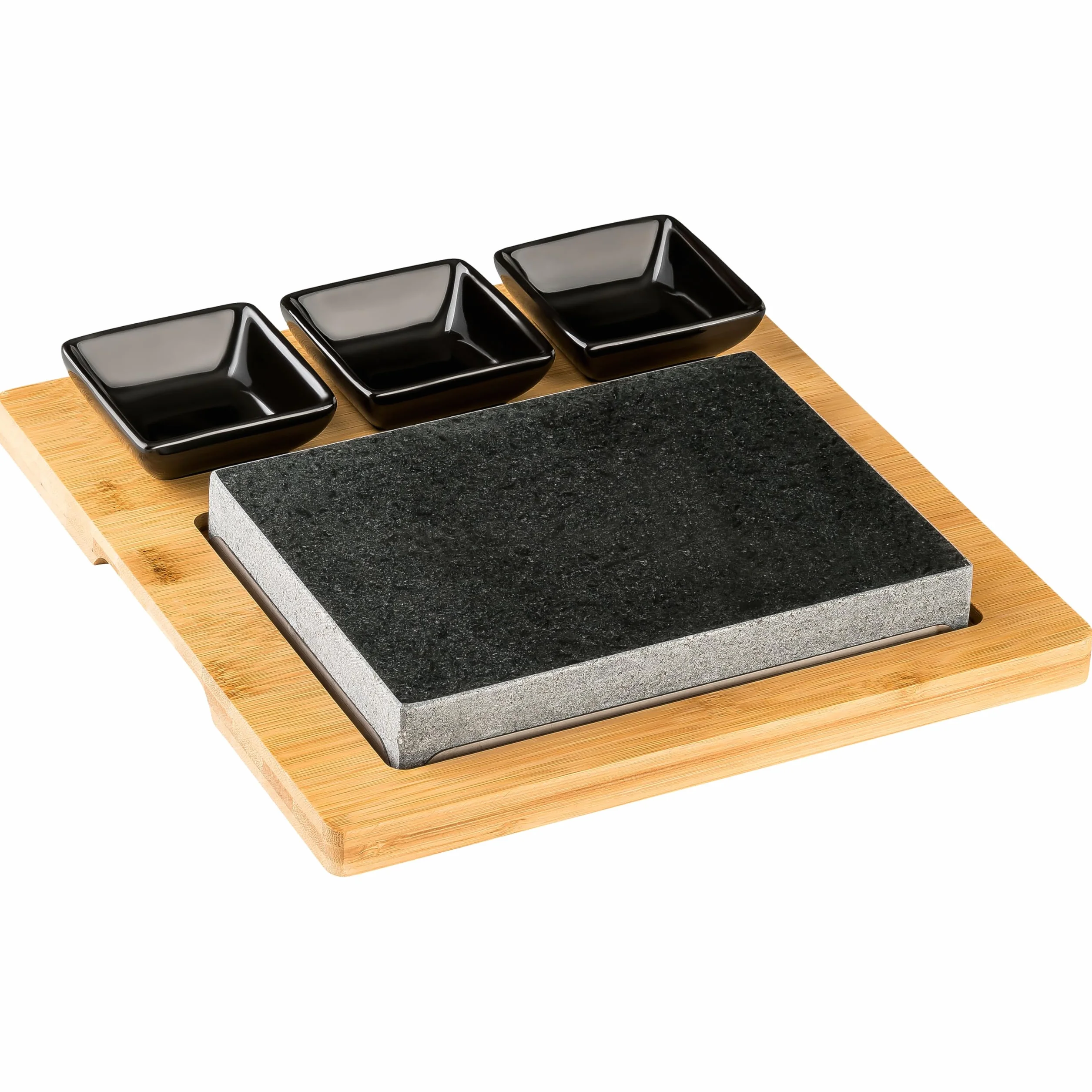Hot Stone Steak gorący kamień grill, płyta lawowa, deska bambusowa, 3 miseczki