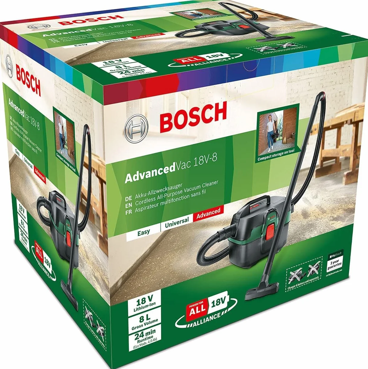Bosch Home And Garden Akumulatorowy Odkurzacz do Pracy na Sucho i Mokro AdvancedVac 18V-8, bez Akumulatora, System 18 V, Zestaw Akcesoriów w Komplecie, w Opakowaniu Kartonowym