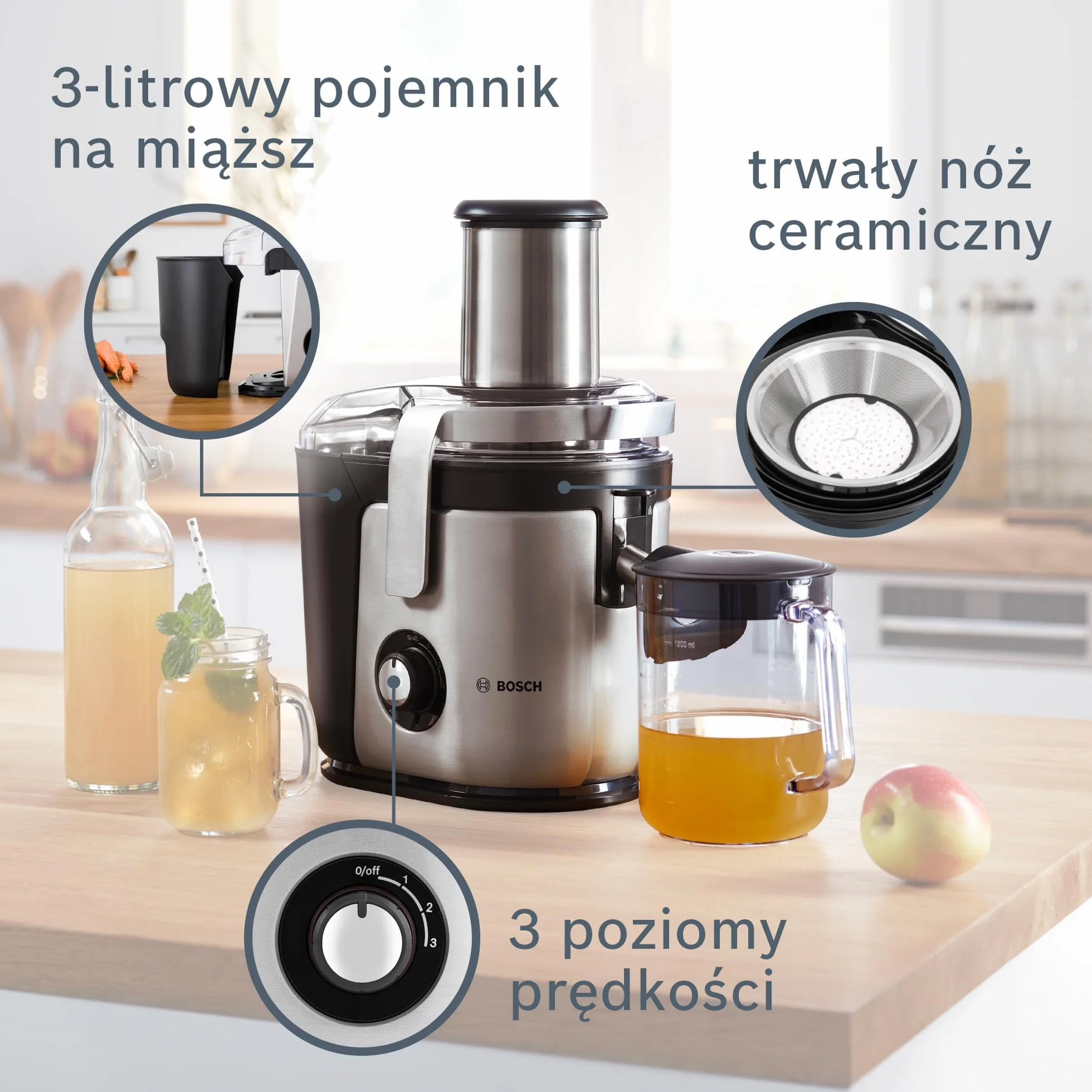 Bosch VitaJuice 4, sokowirówka, 1200 W, nóż ceramiczny, duży otwór wsadowy (84 mm), optymalne wyciskanie soku, DripStop, MES4010, srebrny
