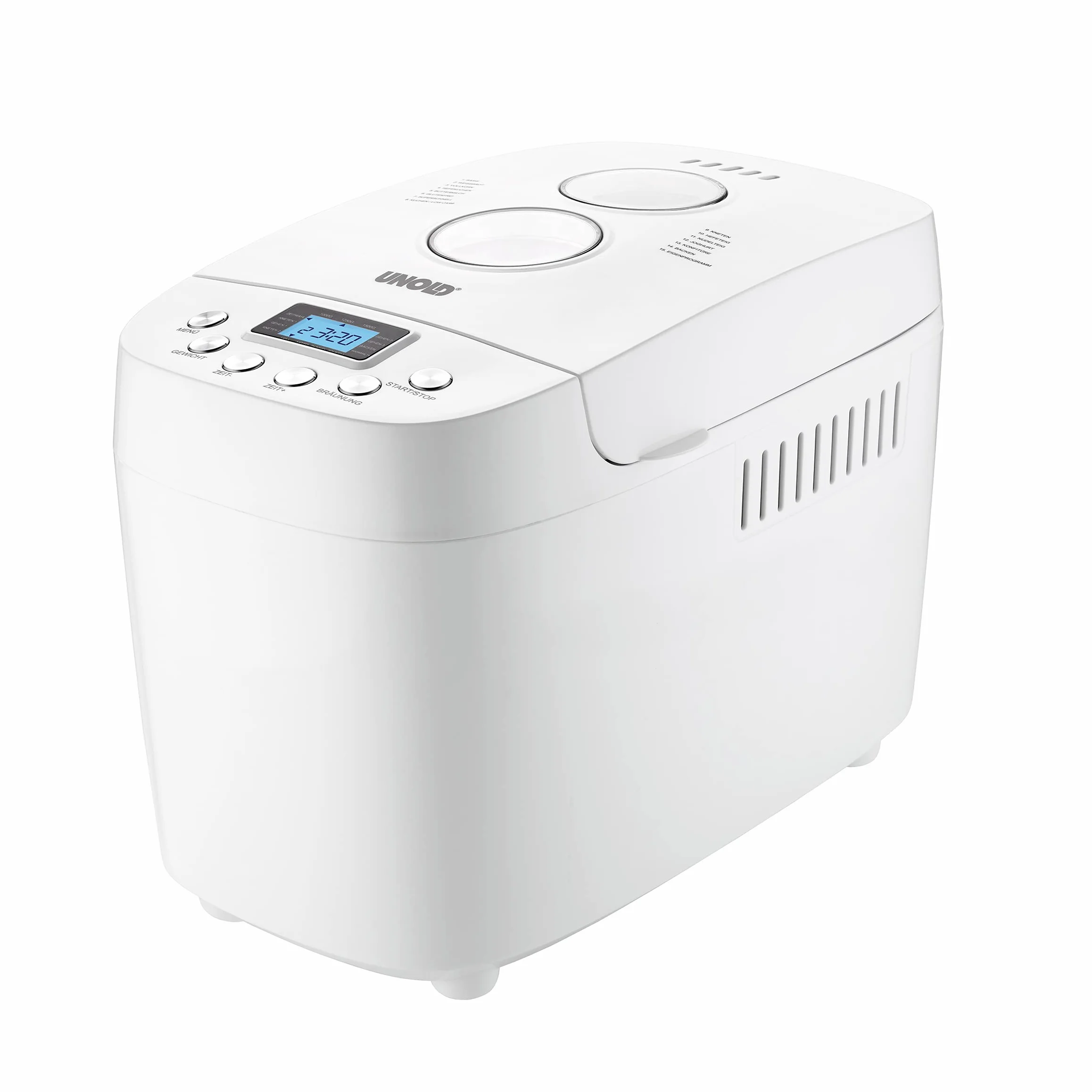 UNOLD 68520 BACKMEISTER Big White do 1500 g chleba, z 15 programami do bezglutenowego chleba, funkcja timera, funkcja utrzymania towaru, wyświetlacz LCD, biały