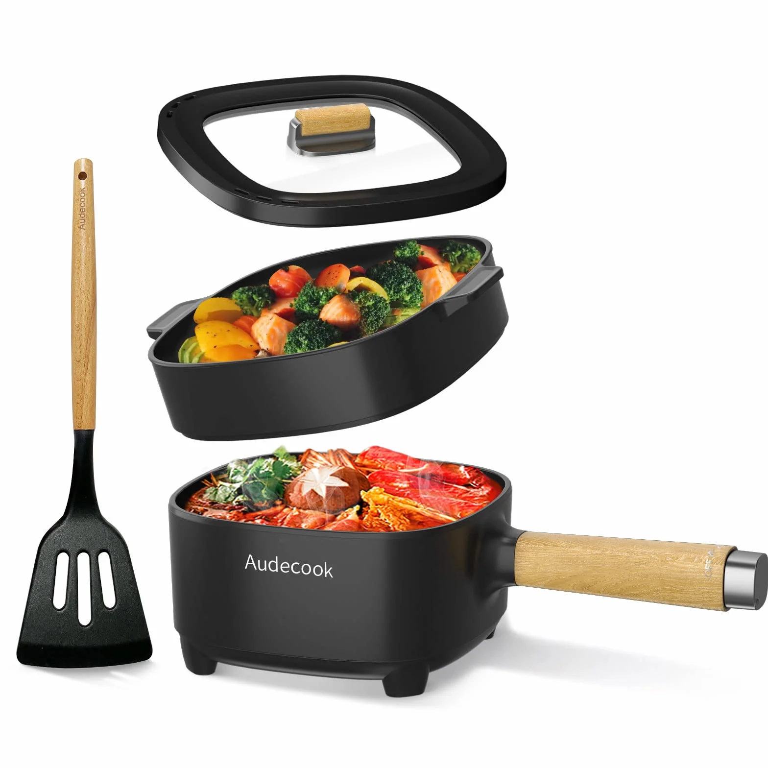 Audecook Elektryczny gorący garnek, glazura ceramiczna, nieprzywierająca patelnia, przenośny multicooker podróżny do ramenu, steków, jajek, smażonego ryżu, płatków owsianych, zupy, 350 W/800 W (czarny