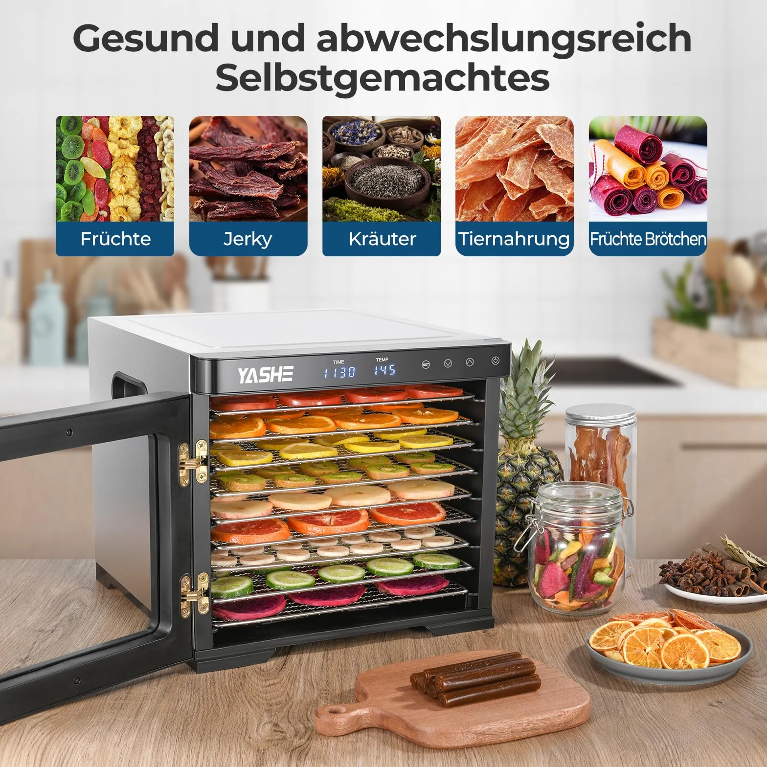 Suszarka ze stali nierdzewnej, 1000 W, urządzenie do suszenia owoców i warzyw z wyświetlaczem LED, precyzyjna regulacja temperatury (35-75°C), 48-godzinny timer, 9 misek ze stali nierdzewnej, 2 sitka
