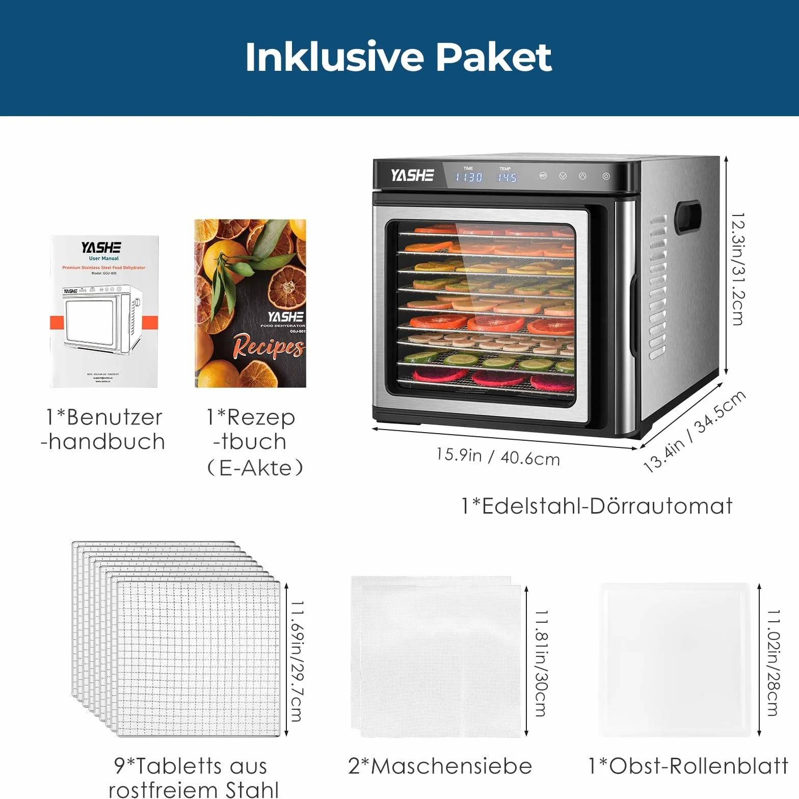Suszarka ze stali nierdzewnej, 1000 W, urządzenie do suszenia owoców i warzyw z wyświetlaczem LED, precyzyjna regulacja temperatury (35-75°C), 48-godzinny timer, 9 misek ze stali nierdzewnej, 2 sitka