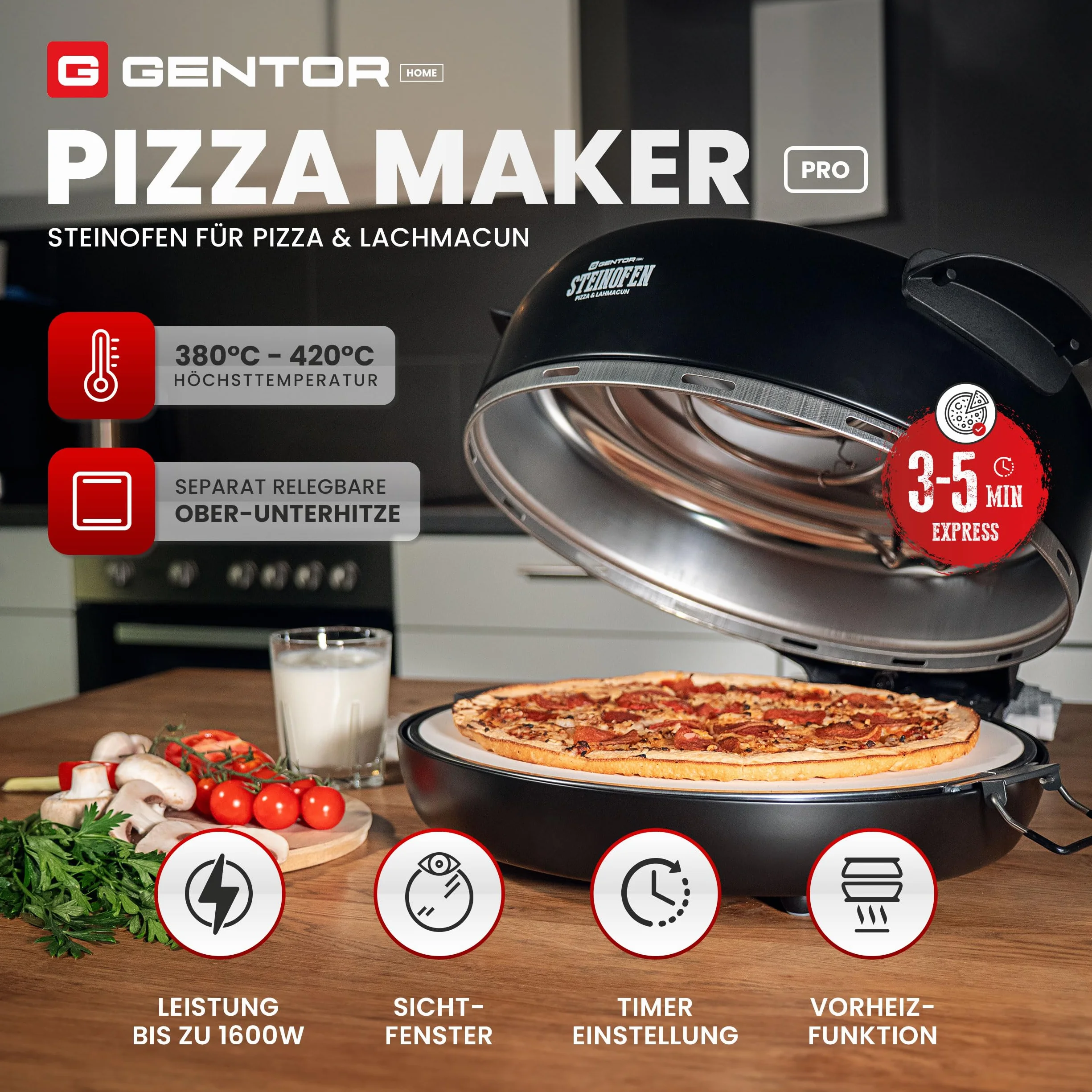 Elektryczny piec do pizzy 1600 W 400°C z kamieniem i okienkiem