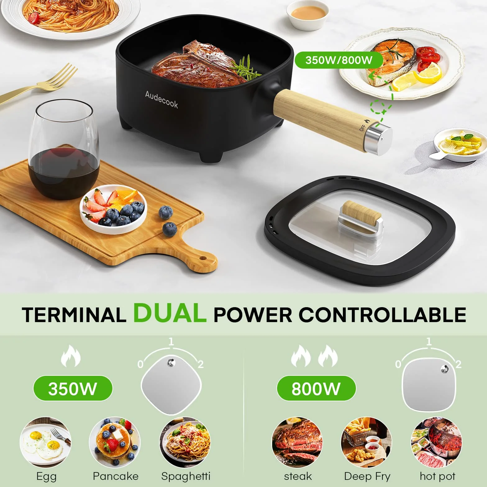 Audecook Elektryczny gorący garnek, glazura ceramiczna, nieprzywierająca patelnia, przenośny multicooker podróżny do ramenu, steków, jajek, smażonego ryżu, płatków owsianych, zupy, 350 W/800 W (czarny