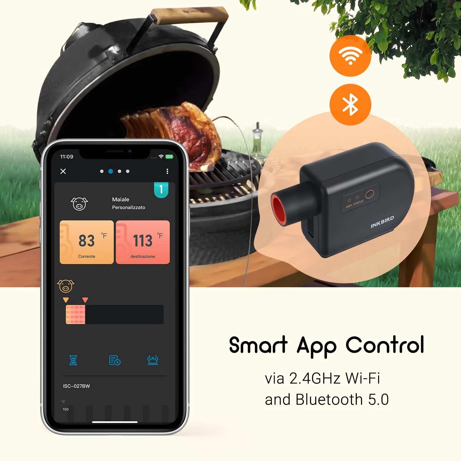 Inkbird Dmuchawa do grilla, Bluetooth 5.1 i Wi-Fi 2,4 GHz, automatyczny termometr grillowy z 4 sondami, kompatybilny z Big Green Egg, Kamado Joe, Primo, Vision Grill, Akorn Kamado