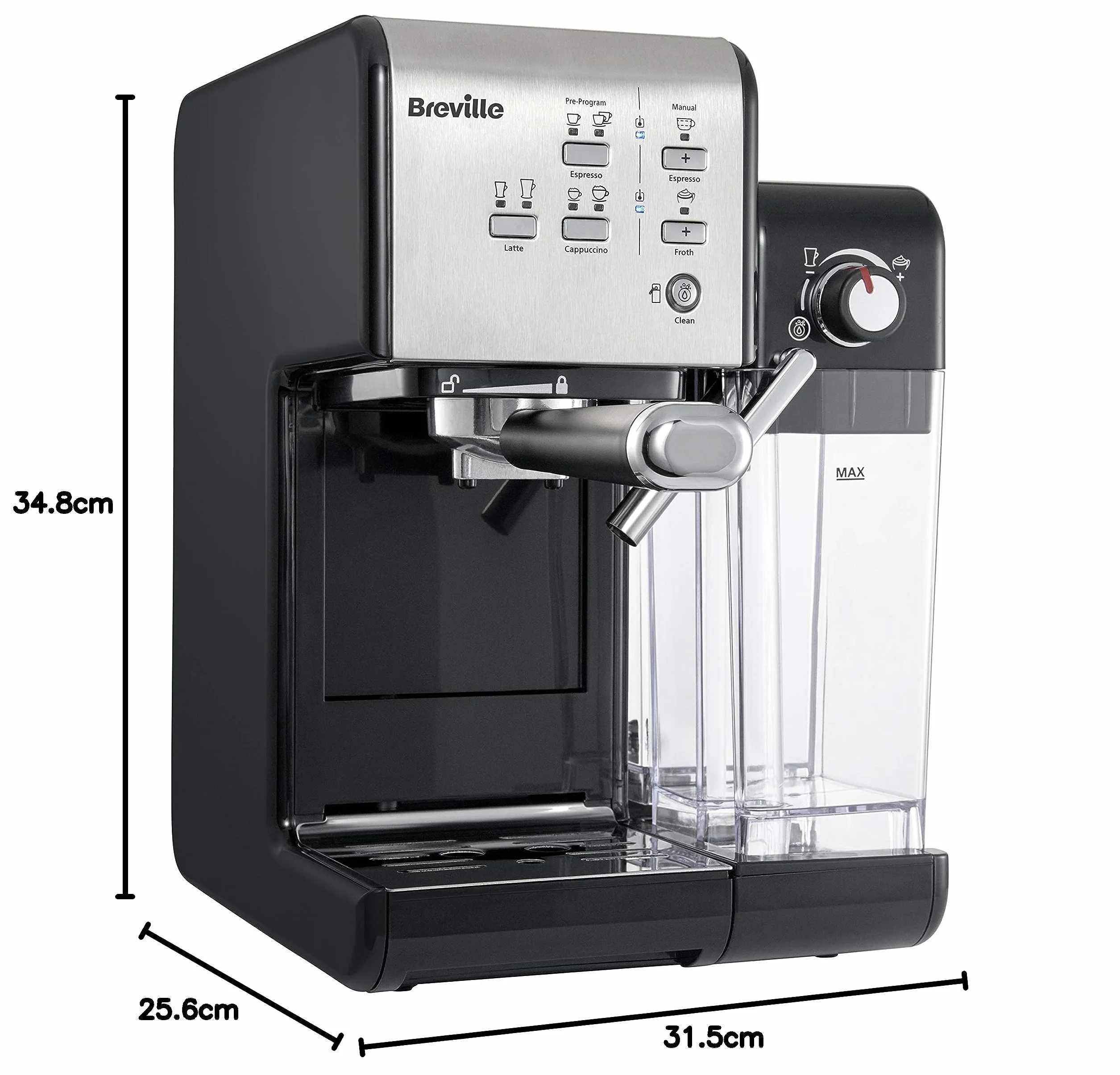 Breville Ekspres do kawy Kolbowy PrimaLatte II VCF108X, 19 Bar, Zintegrowany automatyczny spieniacz do mleka, wyjmowany pojemnik na mleko, Srebrny