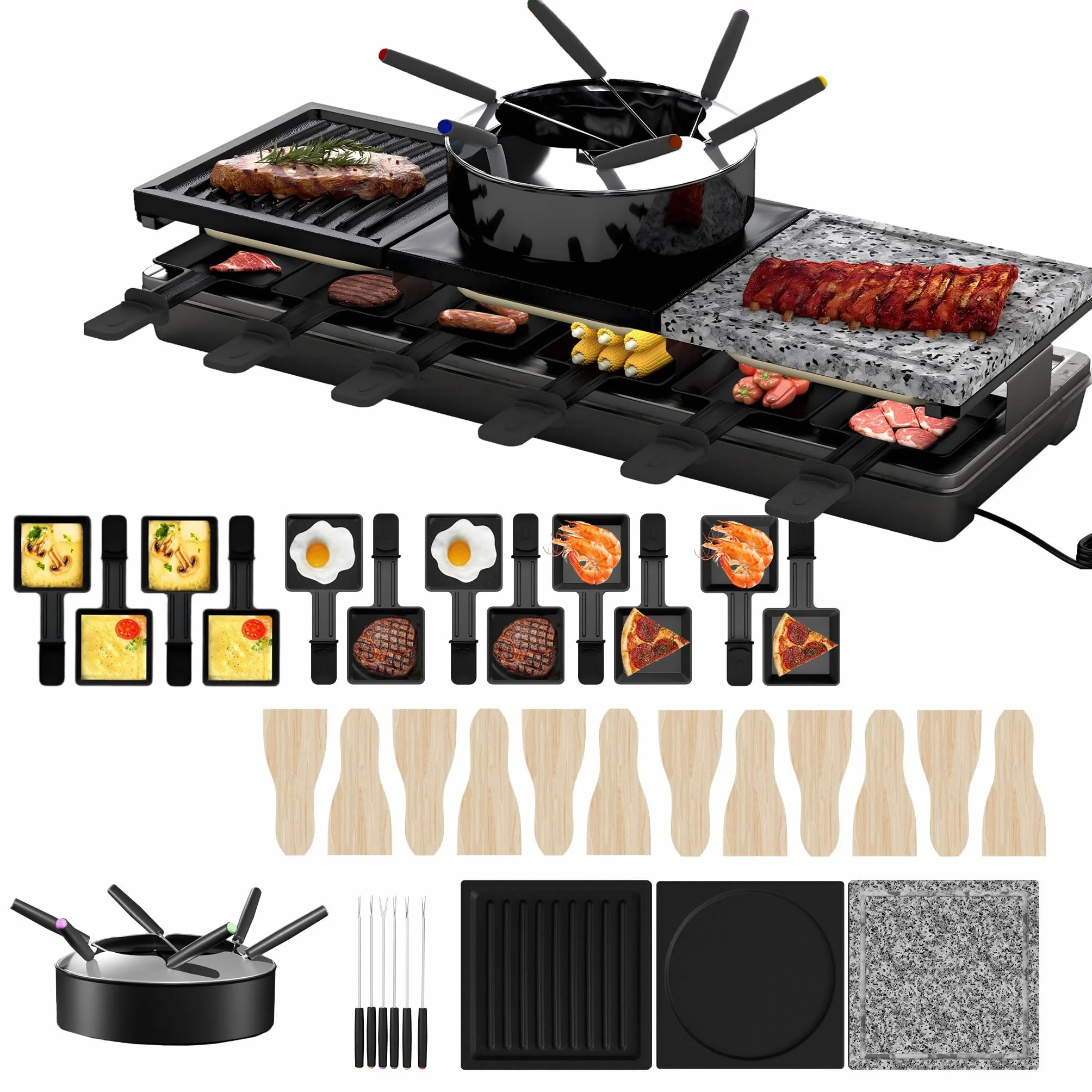UISEBRT Grill do raclette dla 12 osób 3 w 1 z patelniami, zestawem do fondue, gorącym kamieniem, płyta grillowa z powłoką zapobiegającą