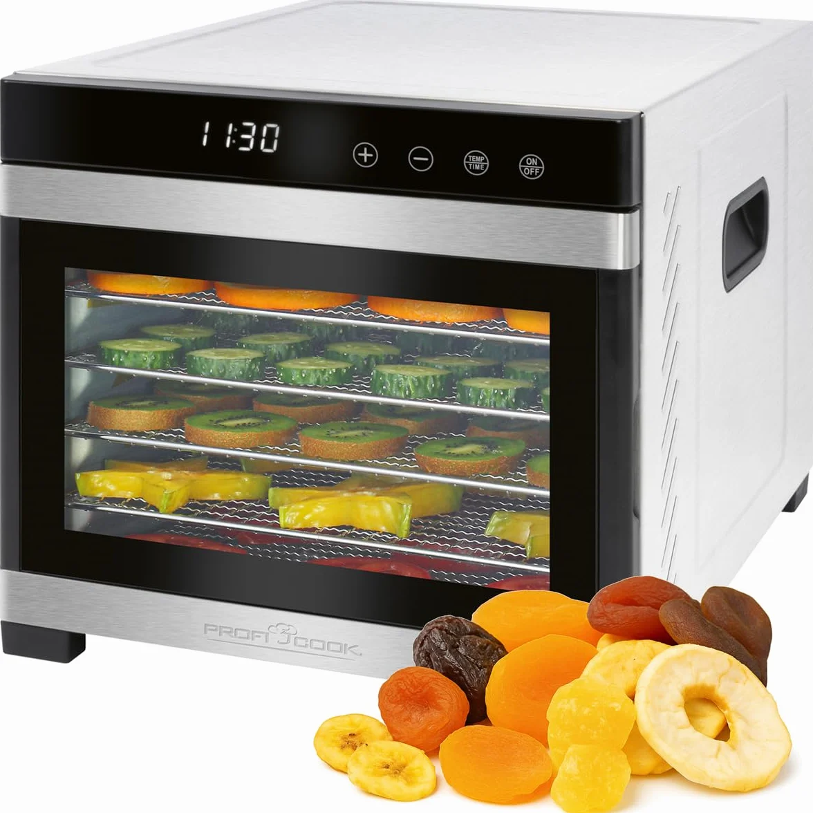 ProfiCook® PC-DR 1218 suszarka do włosów, stal nierdzewna, regulator temperatury 35-75°C, nie zawiera BPA, funkcja timera, 6 poziomów, wyświetlacz LED, obsługa dotykowa, owoce, mięso, owoce, 650 W,