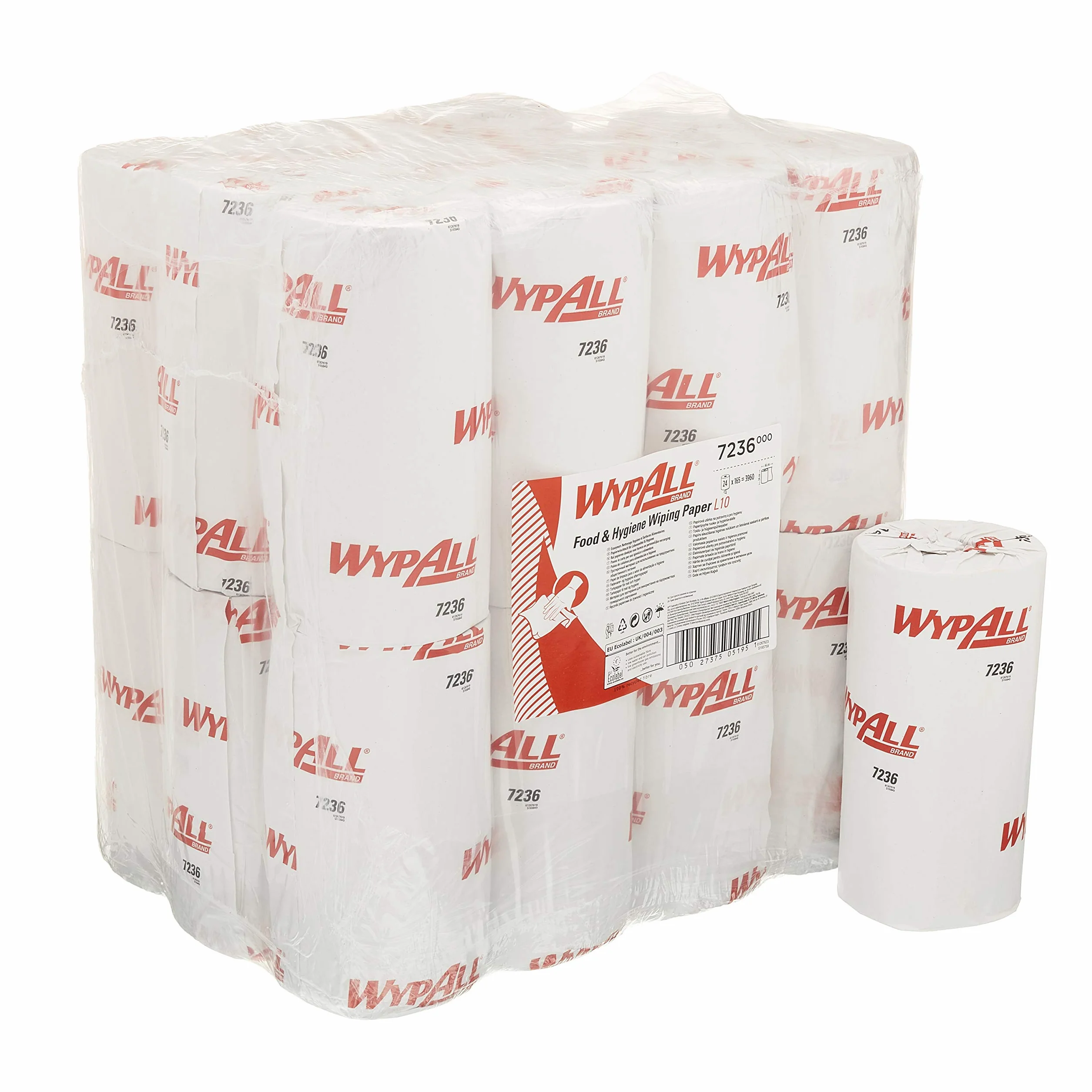 WypAll L10 papier do wycierania żywności i higieny 7236-1-warstwowe kompaktowe chusteczki do czyszczenia - 24 rolki x 165 białe chusteczki papierowe (łącznie 3960)