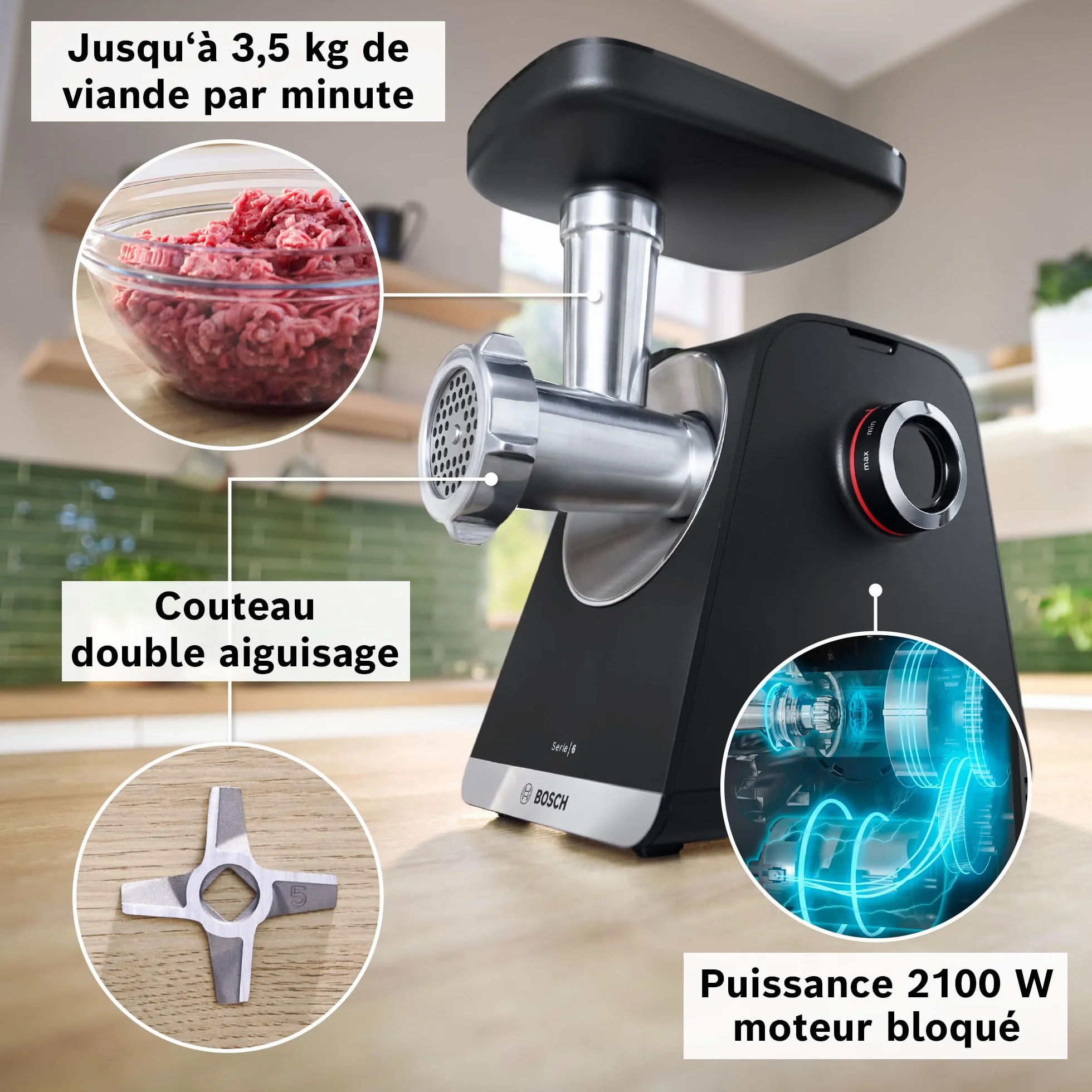 Bosch maszynka do mięsa seria 6 MFWS682B, 3,5 kg/min, wyciskarka do cytrusów, tarka, ubijak do kiełbasy, 2 tarcze perforowane (3 i 8 mm), silnika 10 J, przekładnia planetarna, czarna